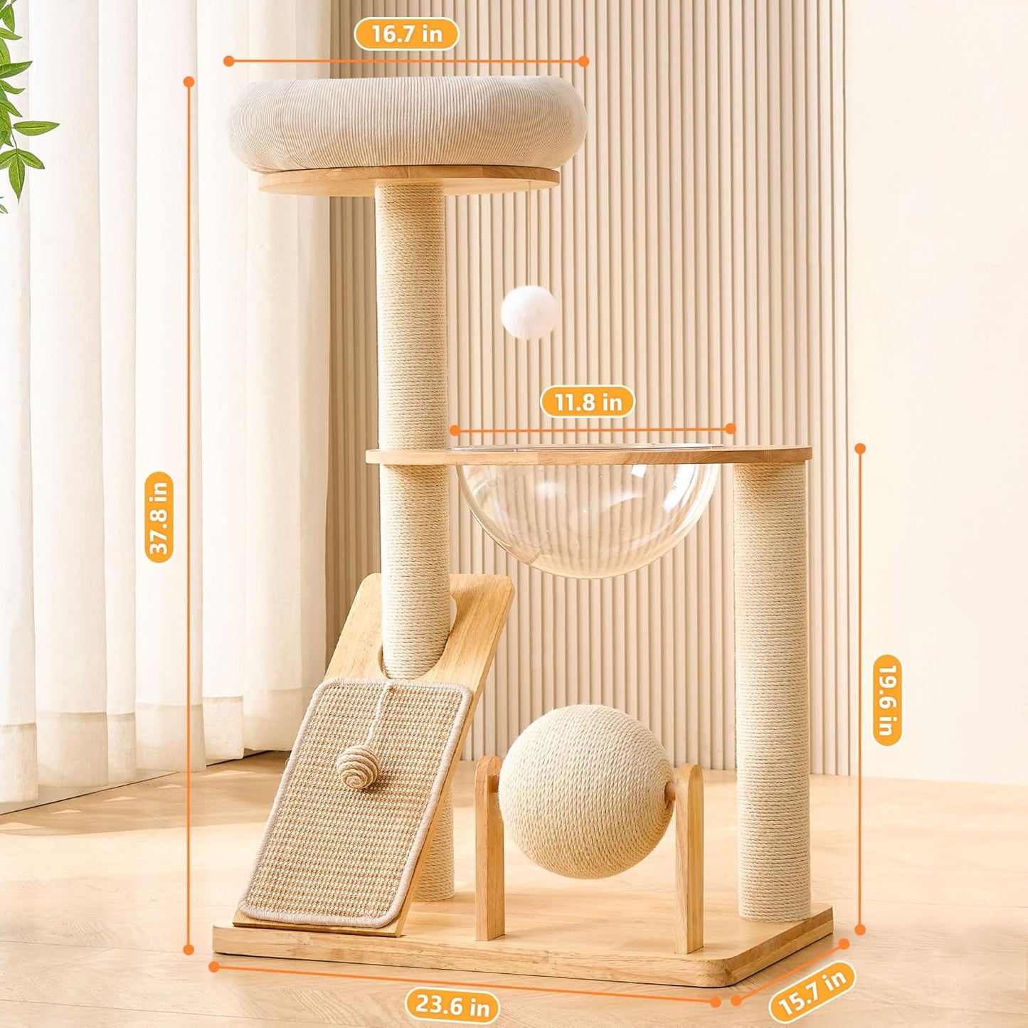 HITTITE Solid Wood Cat Tree Tower with Scratching Post, 37.8 Inches Ta
