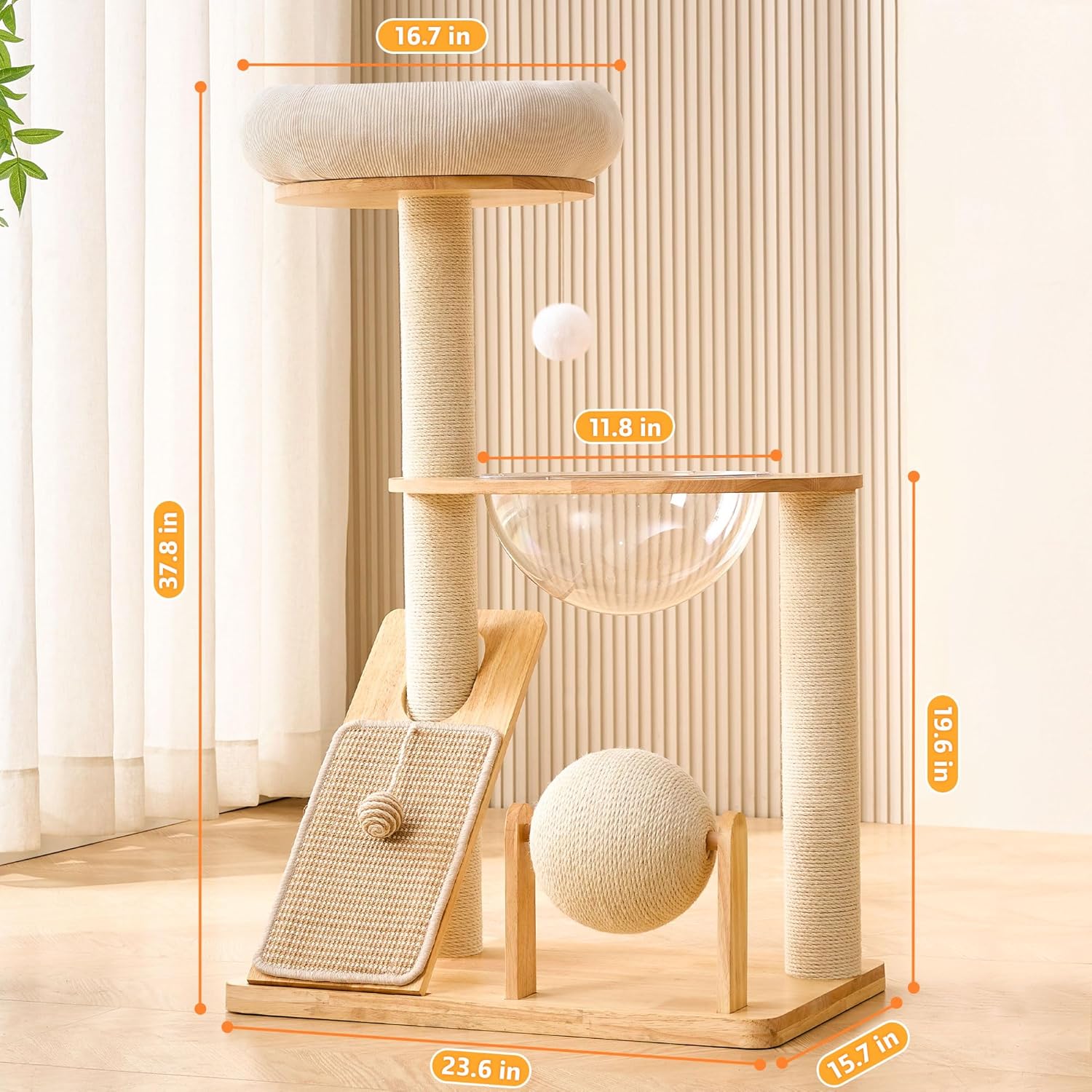 HITTITE Solid Wood Cat Tree Tower with Scratching Post, 37.8 Inches Ta