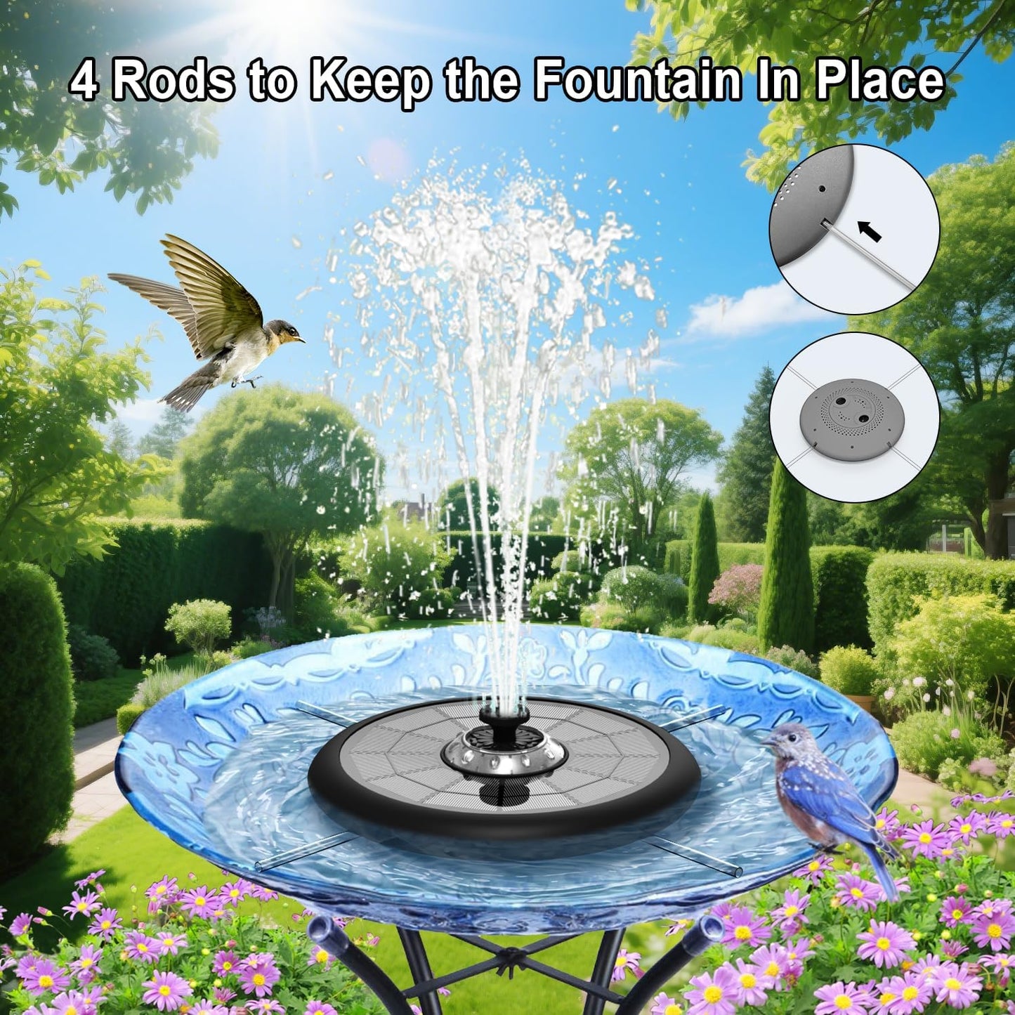 Solar Fountain UFO Style, 2026 Upgrade 5W Glass Solar Panel Bird Bath Fountain with LED Lights, 4000mAh Backup Battery, 7 Nozzles for for Garden, Pond, Pool, Patio Outdoor Water Feature