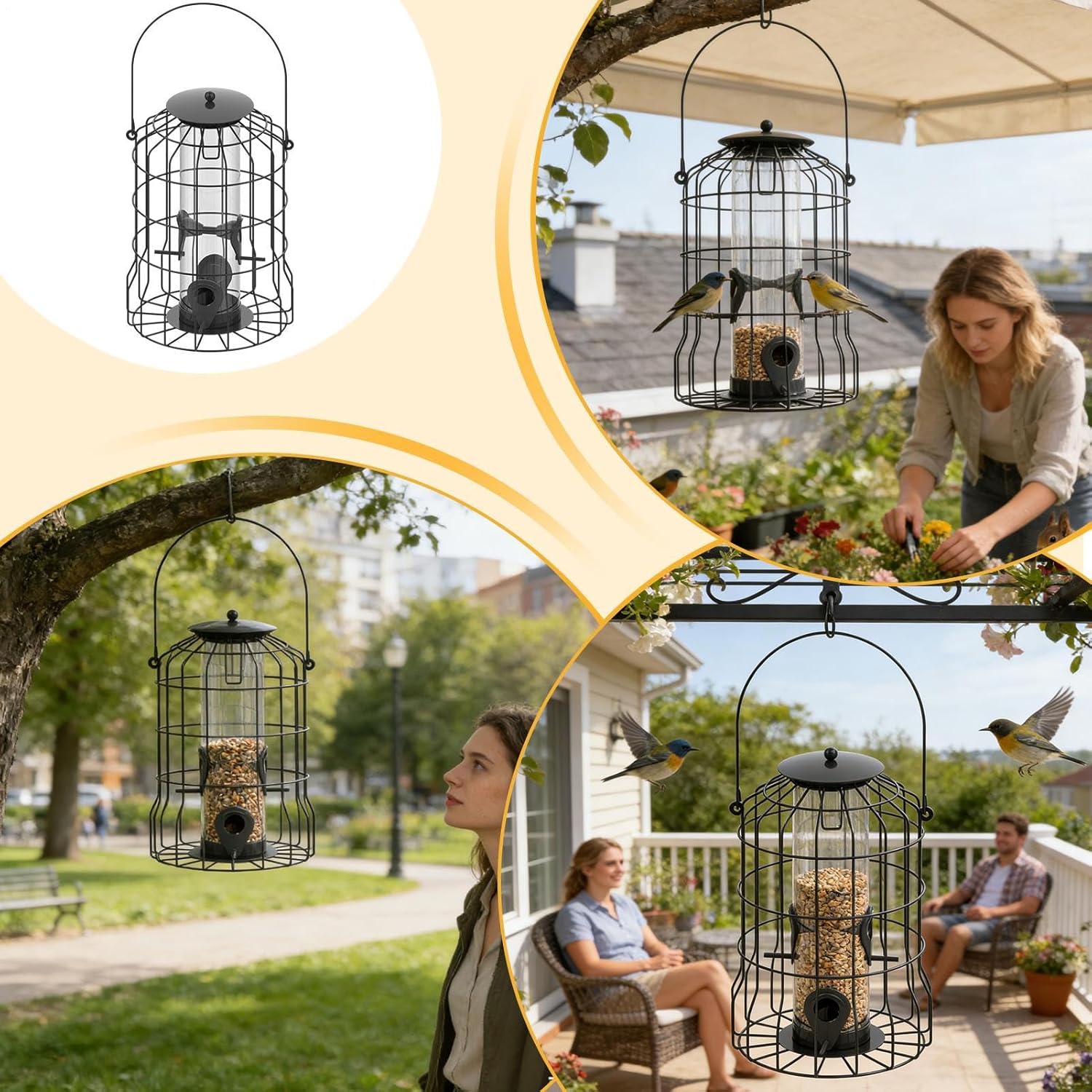 Bird Feeder, 4-Port Weatherproof Squirrel-Proof Metal Large Outdoor Ha