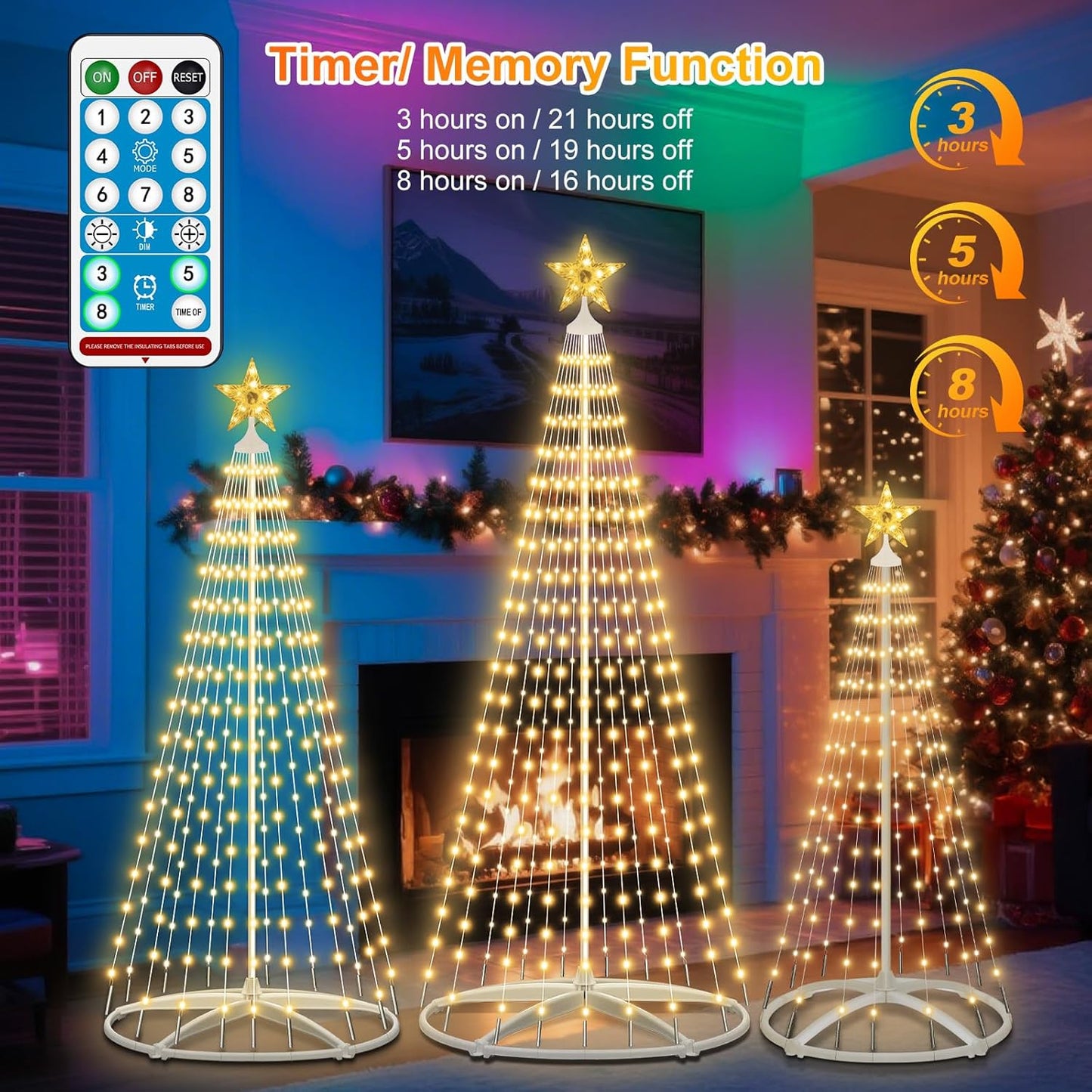 Outdoor Solar Christmas Tree, 3PCS LED Christmas Trees with Remote, 5ft/6ft/7.5ft Multi-Size Set, 8 Modes, IP65 Waterproof, USB Backup, Auto On/Off for Yard Garden Holiday Decor, Warm White
