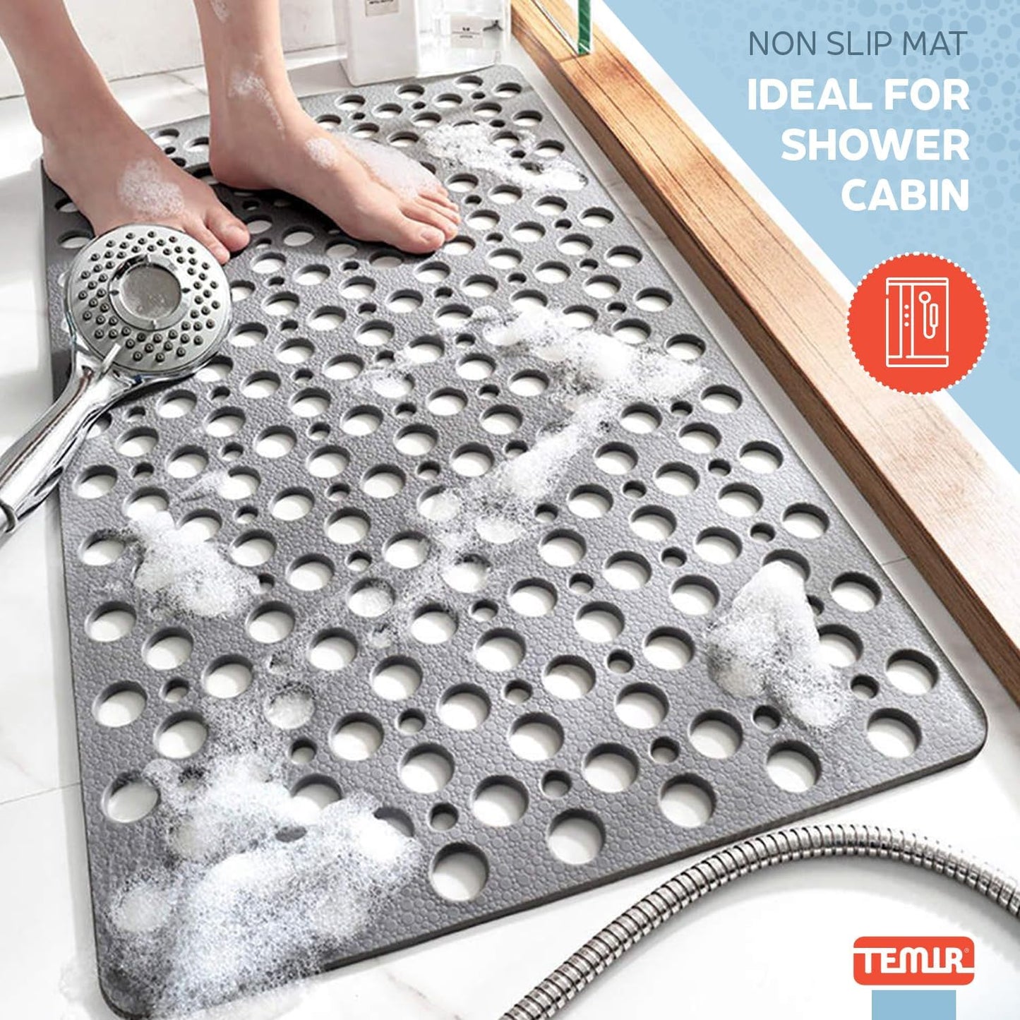 TEMIR Non Slip Bathtub Mat for Shower — Anti Skid Safety Mat with Strong Suction Cups, Quick Drain Holes, Machine Washable, Soft Bathroom Mat for Elderly & Kids, 30x17 in (75x43 cm) Gray