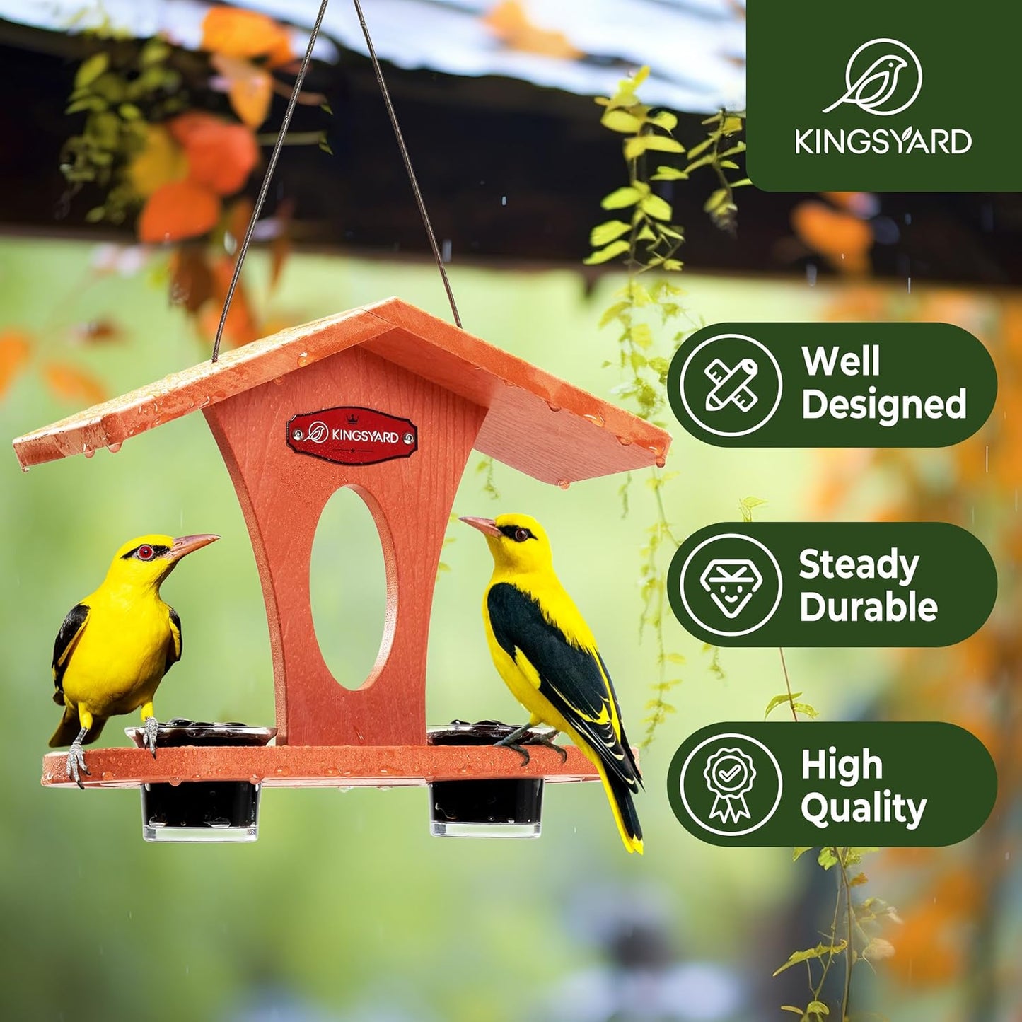 Kingsyard Bird Feeder for Outdoor Hanging, Recyceled Plastic Oriole Jelly Feeder, Two Dishes w/ 5 oz, Durable & Weatherproof, for Bird Lovers, Orange