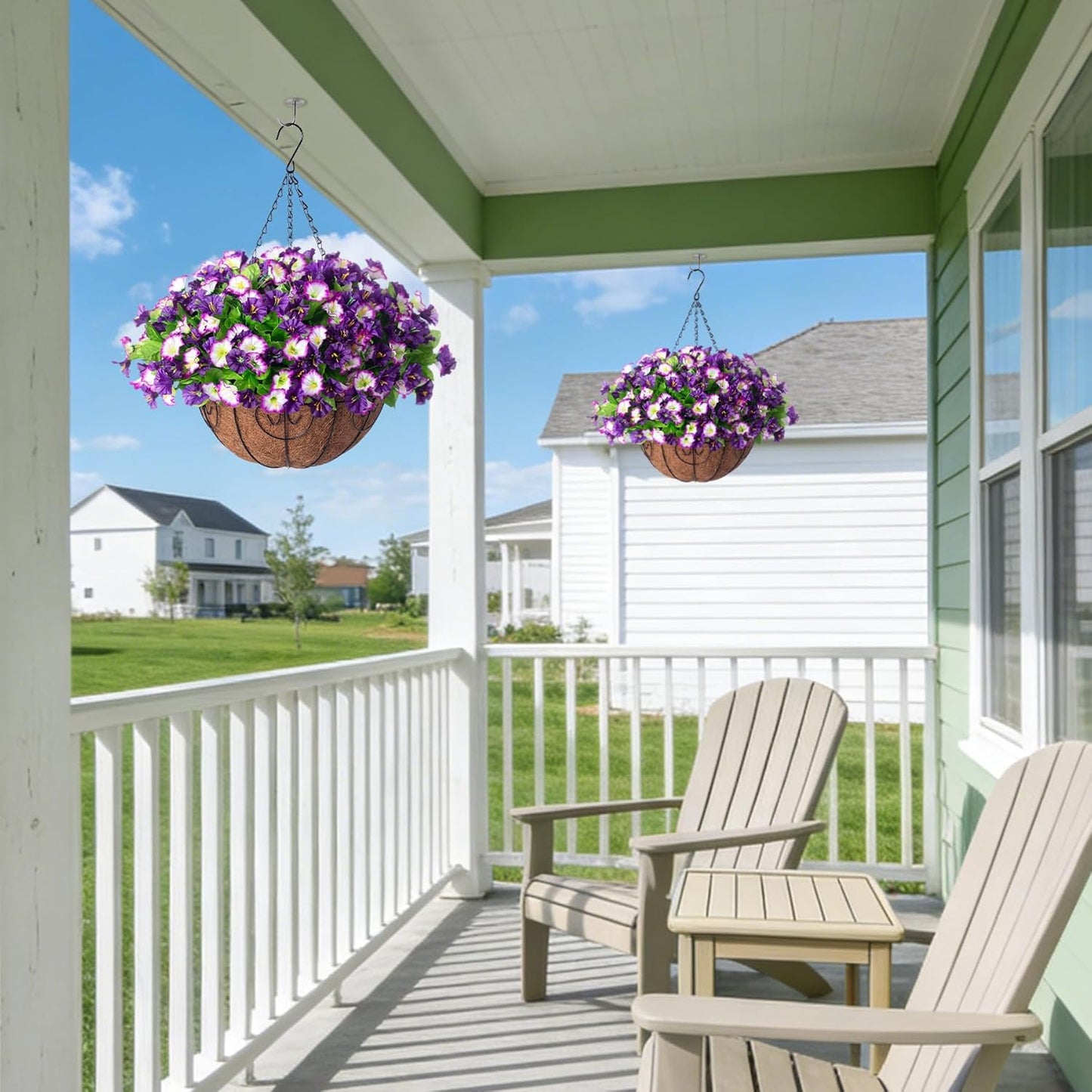 Artificial Hanging Flowers 12 inch Basket, Faux Silk Petunias Flower Arrangement,Coconut Lining Pot Planter with Morning Glories Patio Garden Porch Deck Spring Summer Decor(Purple Edge)