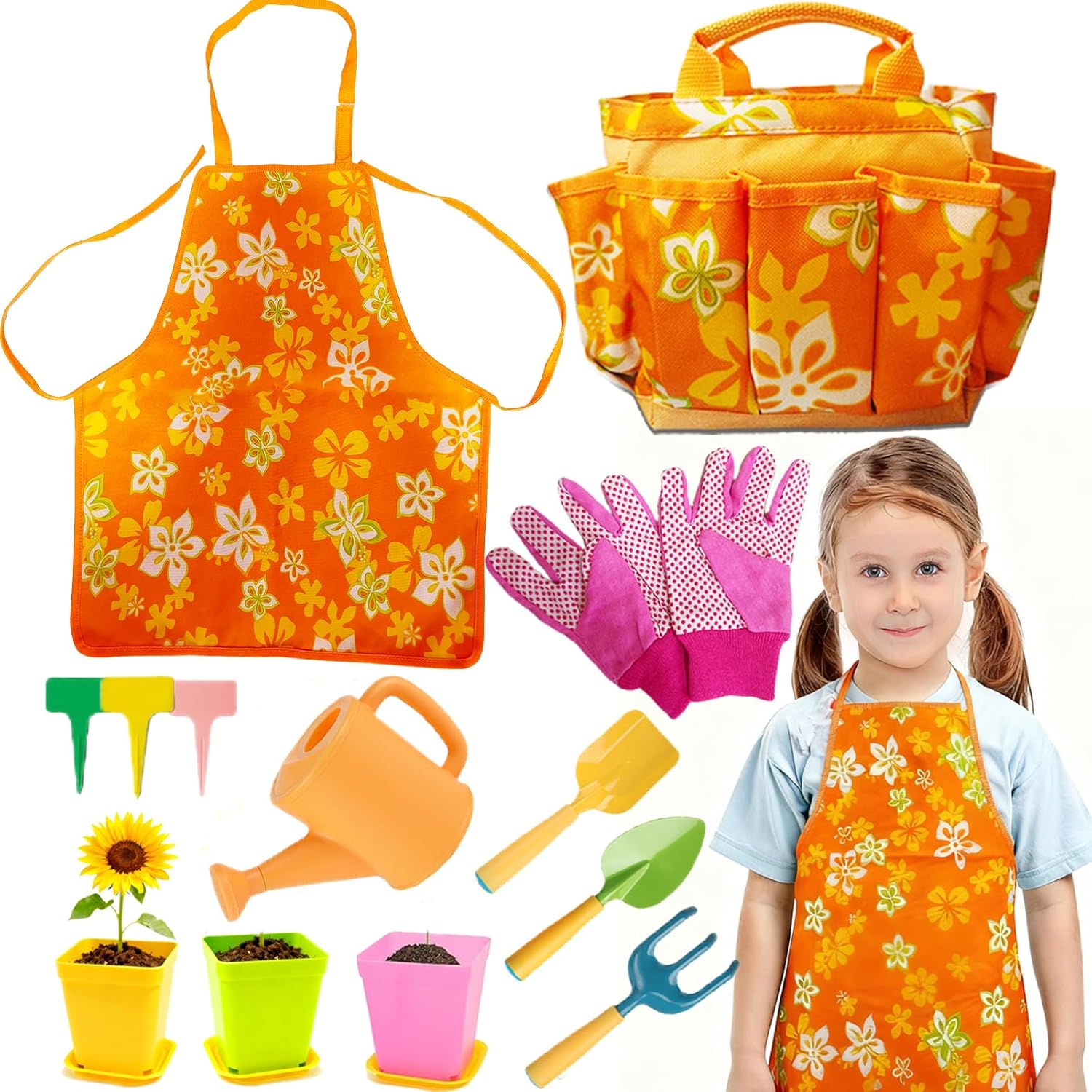 Kids Gardening Tools Set, 13 Pcs Gardening Kit with Apron & Tote Bag, 
