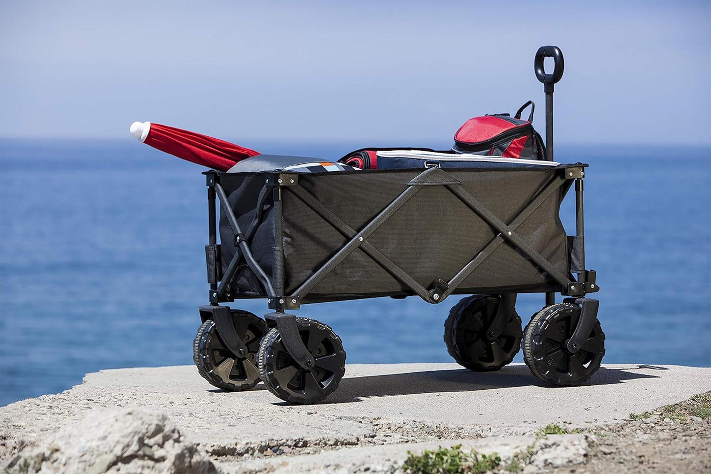 PICNIC TIME Adventure Wagon Elite All-Terrain Folding Sport Utility Cart with Wheels, Steel Frame Collapsible Wagon for Grocery, Rolling Cart for Beach with Fitted Cover and Carry Handle, (Dark Gray)