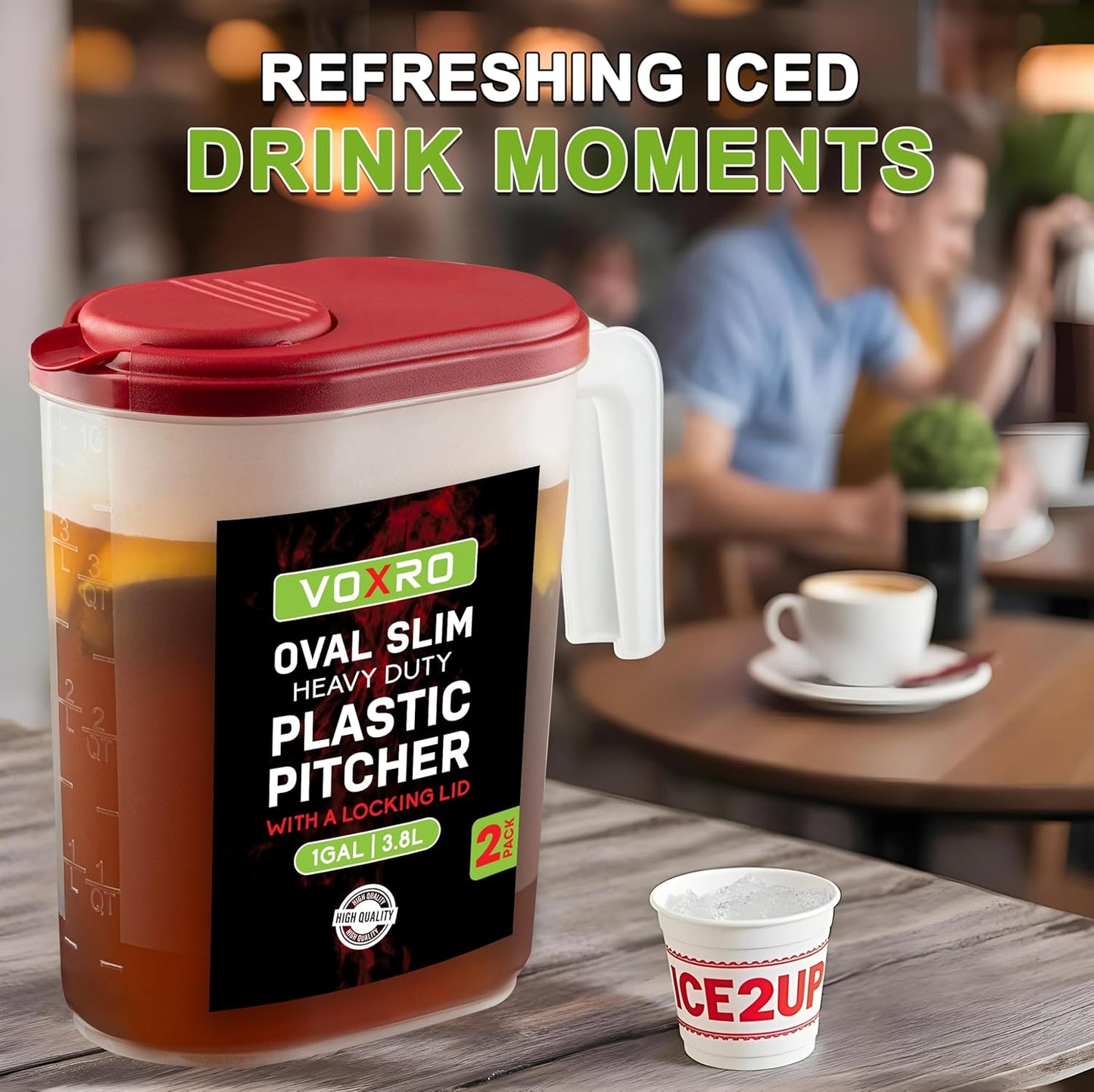 2-Pack Oval Slim Plastic Pitchers With Lids – 1 Gallon, Flip-Top Pivot