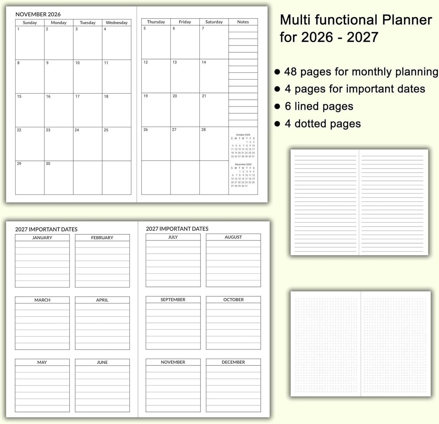 A5 Calendar Planner Jan 2026 - Dec 2027, Travelers Notebook Inserts fo