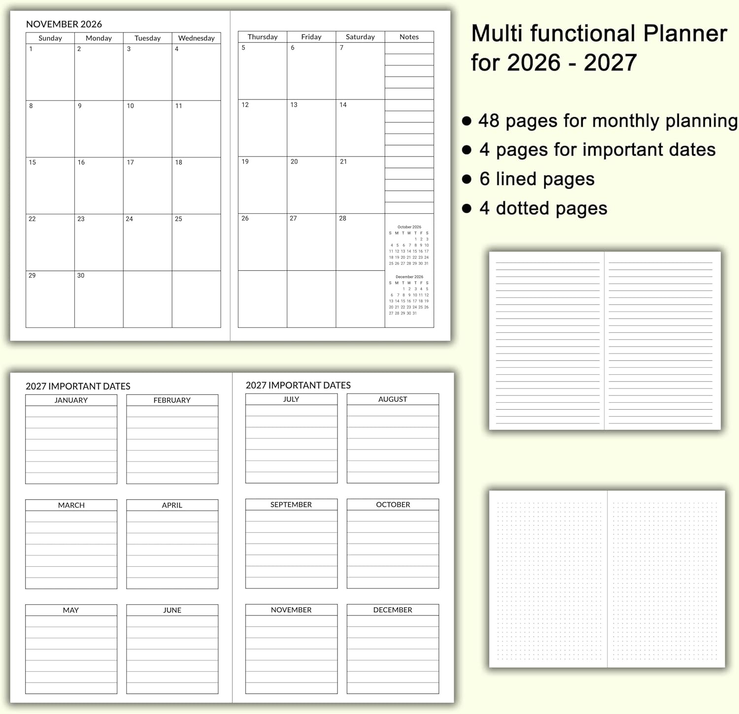 A5 Calendar Planner Jan 2026 - Dec 2027, Travelers Notebook Inserts fo