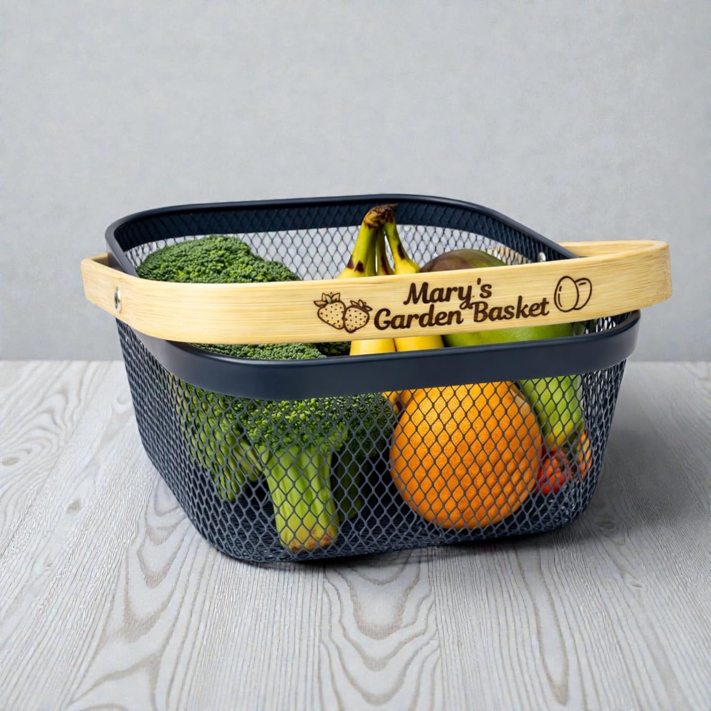 Garden Harvest Basket Gray Mesh Vegetable Hod with Bamboo Handle – Garden Baskets for Harvesting Fruits Vegetables Herbs, Durable Metal Wire Design for Gardeners (Gray Mesh Basket)