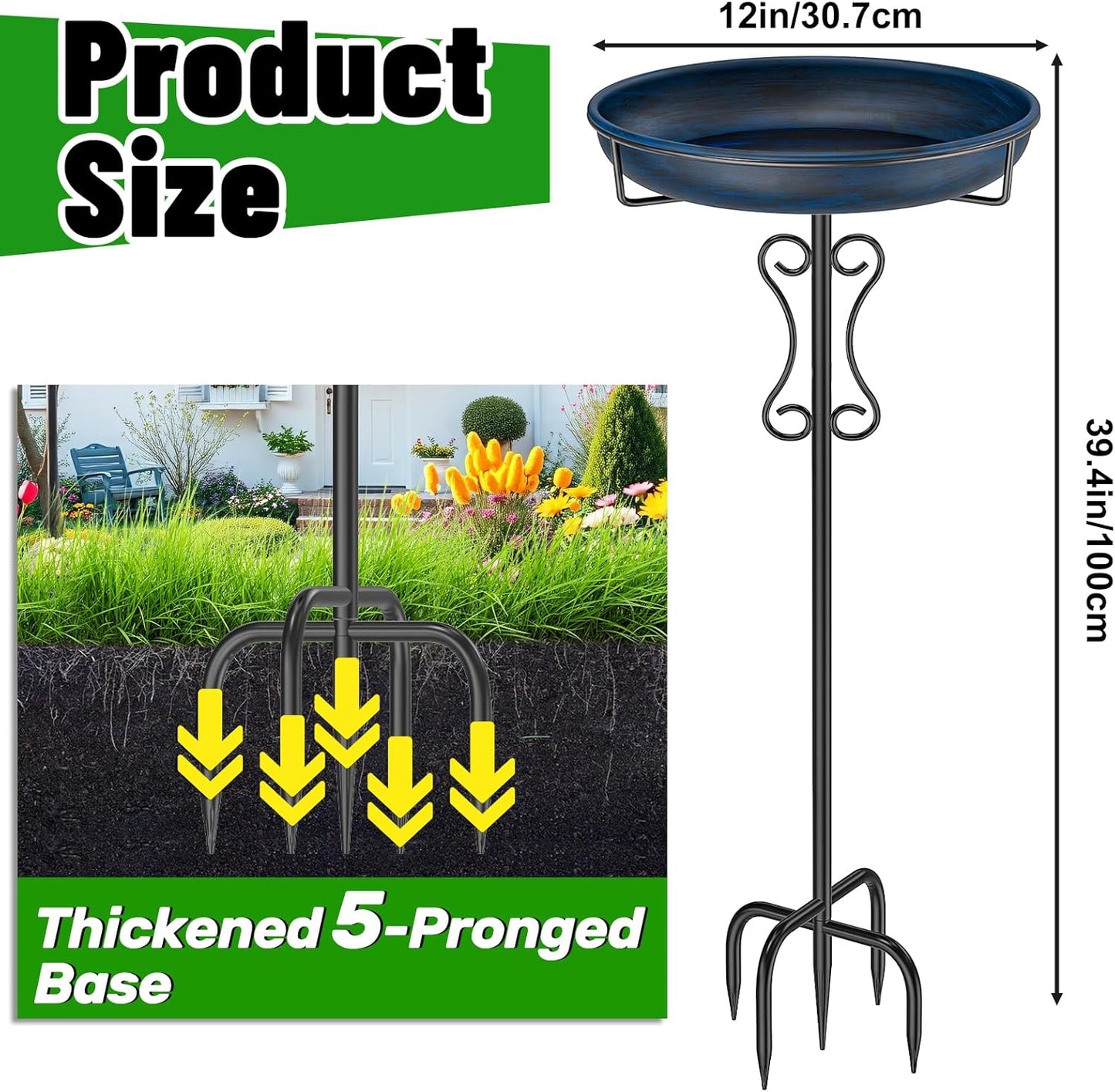 Metal Bird Bath for Outside,Upgraded 5 Pronged Base Birdbath & Feeder 