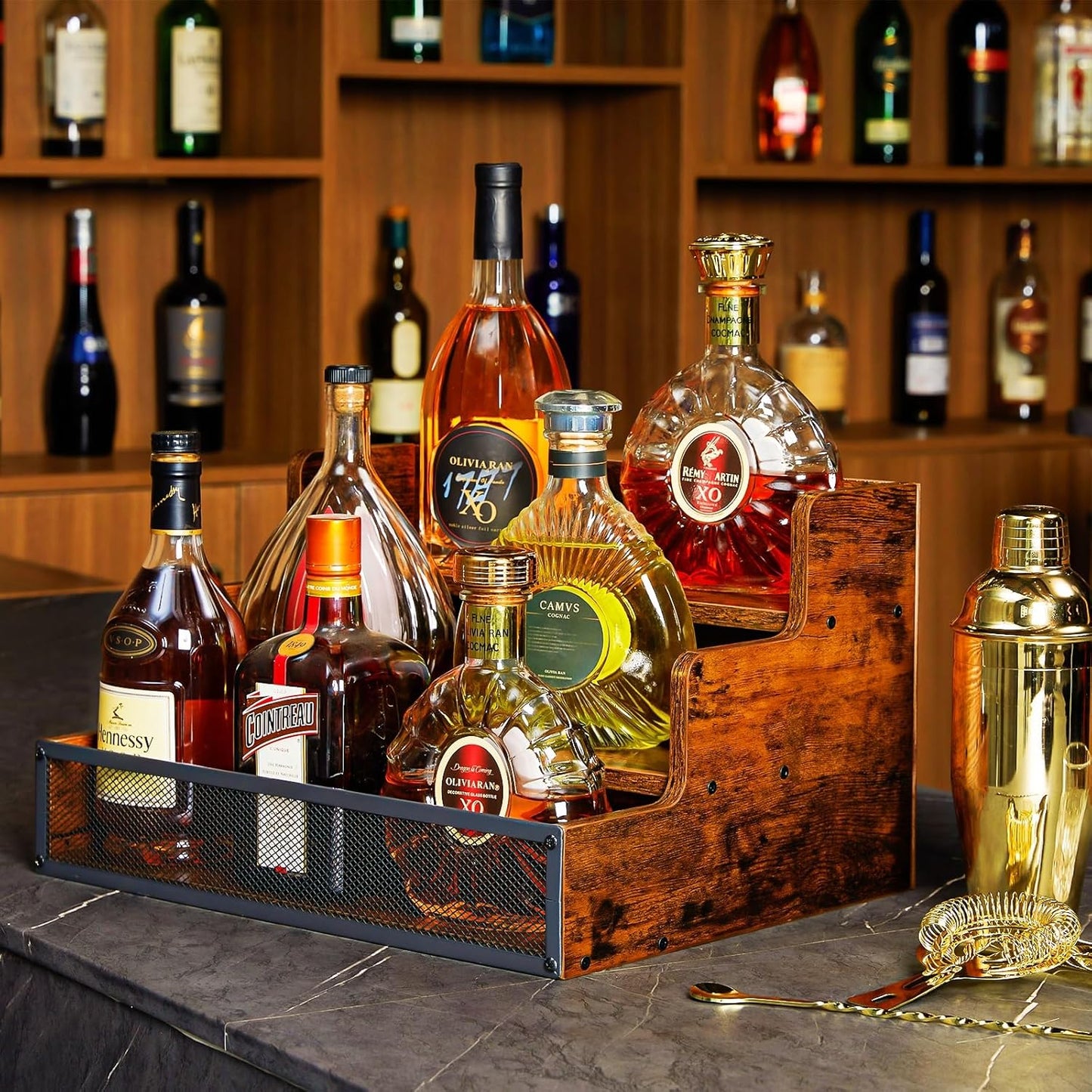 3 Step Countertop Liquor Bottle Display Shelf, Wood Bar Shelves 12 Bot