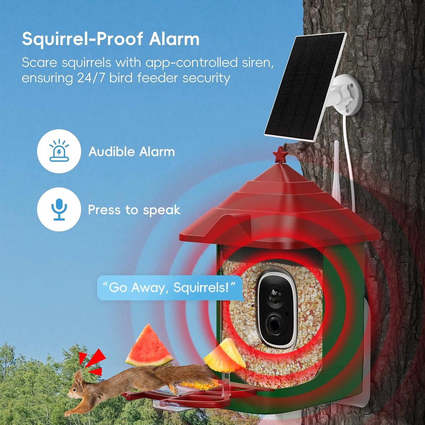 Smart Bird Feeder with Camera, Solar Panel & 5200mAh Battery, 4K HD Video, AI Identification, Instant Arrival Alerts & Alarm, IP65 Weatherproof, 32GB Card, 2L Capacity, for Bird Lover (Red Green)