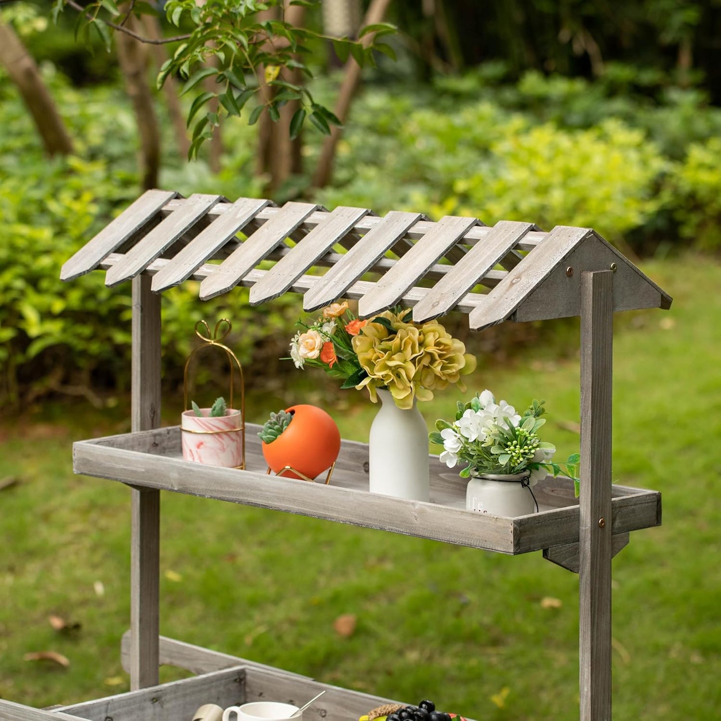 Antique Rustic Solid Wood Decor Display Rack Cart Wood Plant Stand 3 Tier with Wheels for Display, Wood Wagon with Shelves for Plants and More
