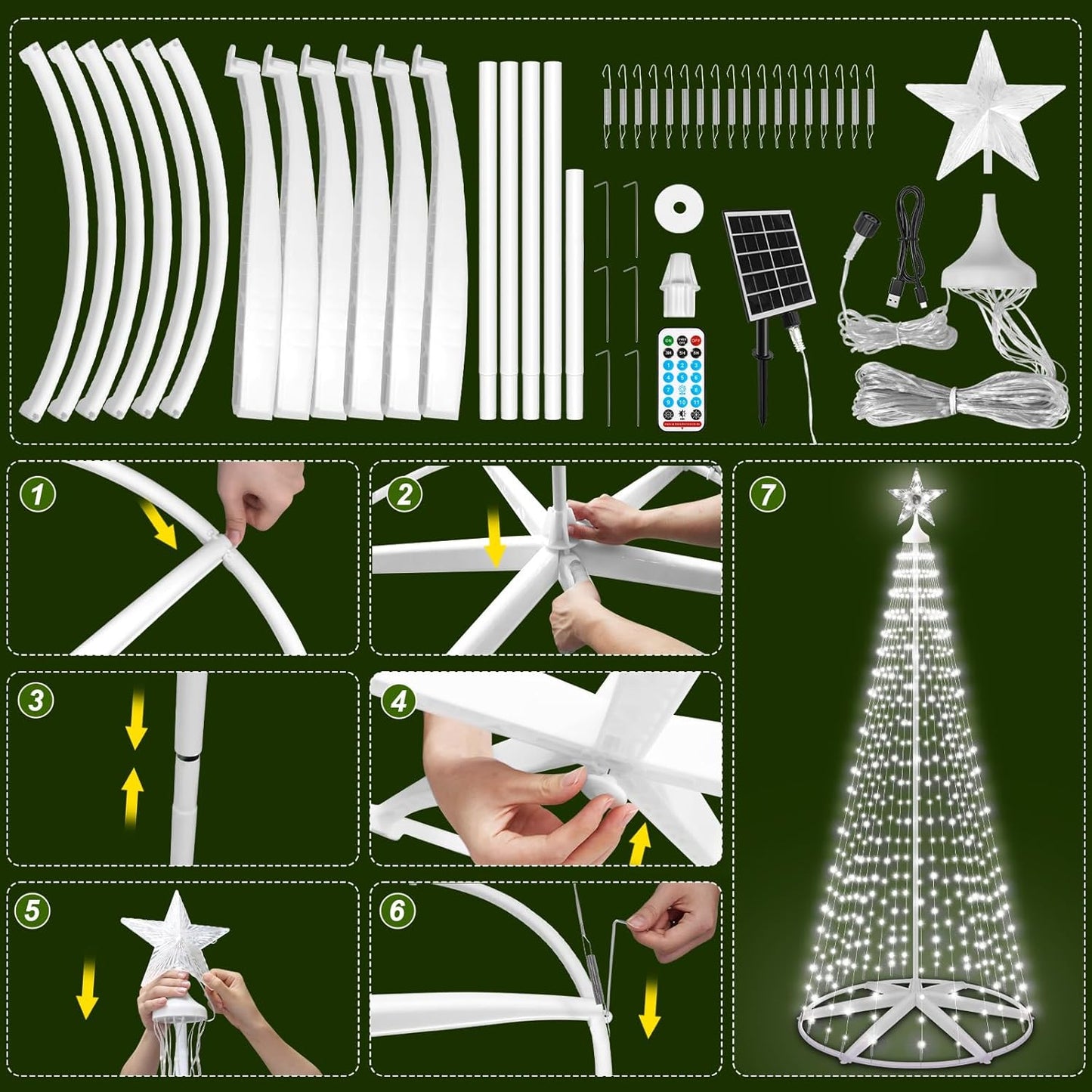 Outdoor Solar Christmas Cone Tree Lights, 8ft 444 LED Christmas Tree LightShow with 8 Modes Timer Remote, Lighted Artificial Tree USB Charge for Xmas Yard Porch Patio Party Holiday Decor, Cold White