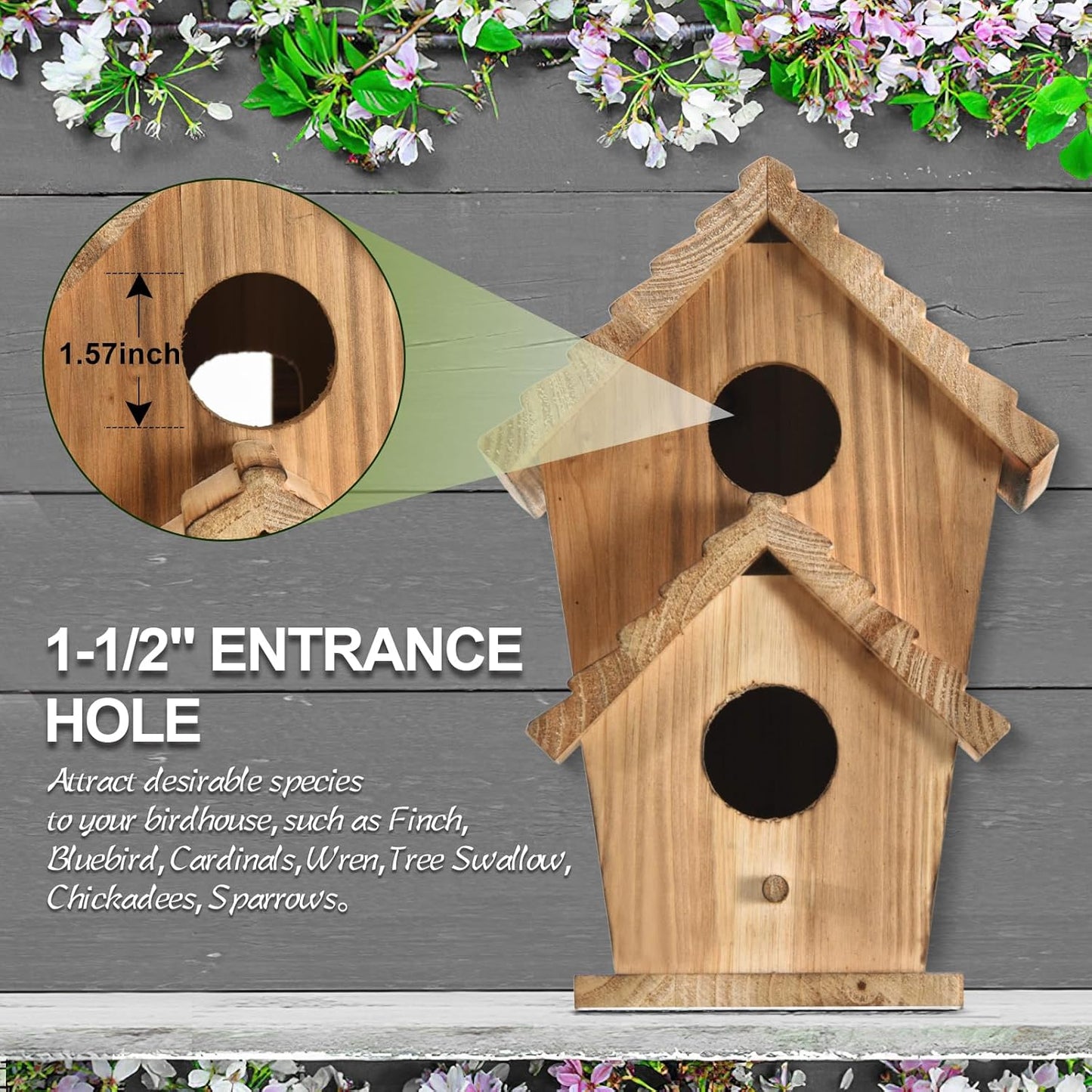 Bird Houses for Outside, Wooden Outdoor 2 Hole Bird House, Can Accommodate 2 Bird Families Suitable for Bluebird,Finch,Cardinals, Garden Hanging Birdhouse No Assembly Required