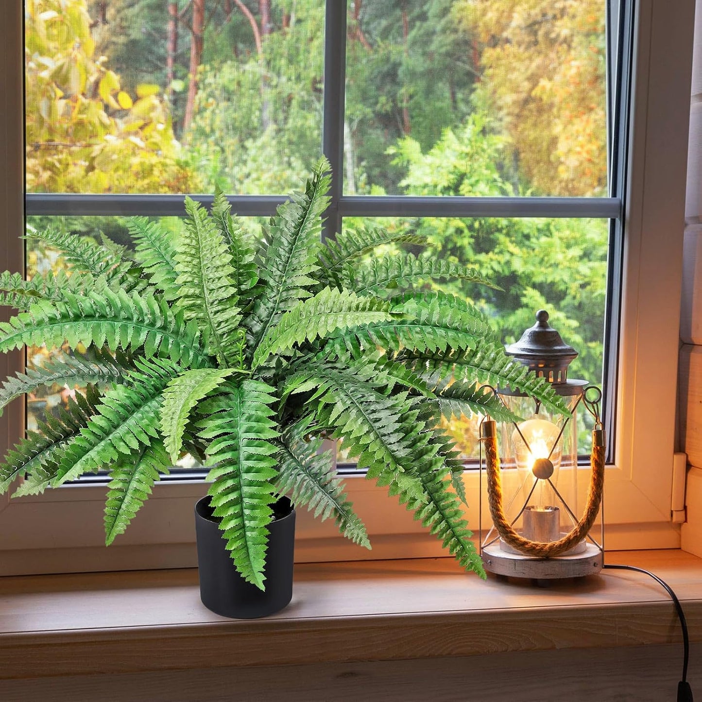 23.6'' Fake Ferns Potted Plant, Artificial Boston Ferns in Pot 34 Leaves, Faux Boston Bush Artificial Greenery for Outdoor Indoor Patio Garden Farmhouse Windowsill Porch Home Decor