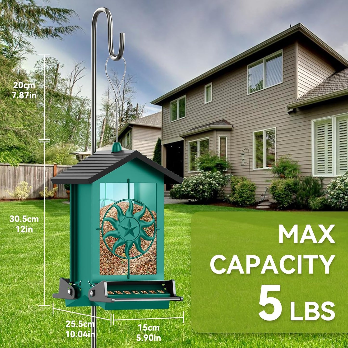 Metal Squirrel Proof Bird Feeders for Outdoors Hanging with Weight Activated Perches, 5LB Large Weatherproof Wild Bird Feeders for Cardinals, Blue Jay, Finch, Durable Backyard Feeders -Green