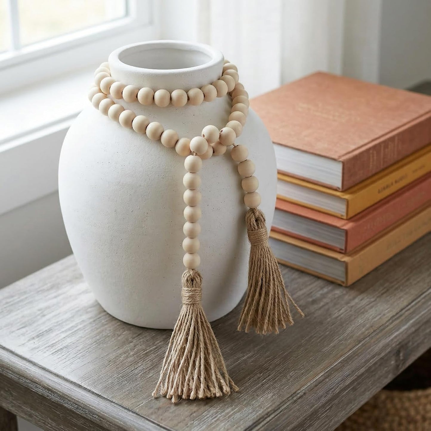 Farmhouse Beads 58in Wood Bead Boho Tassel Garland - Rustic Country Boho Chic Decor for Wall, Above Cabinet & Table