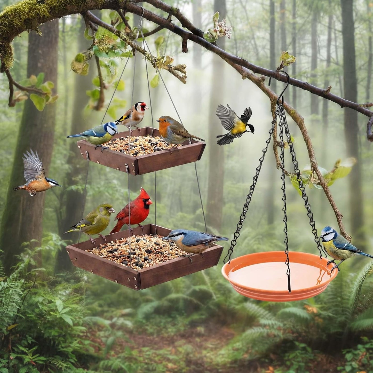 2 Tier Large Platform Cedar Bird Feeders with Round Hanging Birds Watering Tray, Bird Bath, Wooden Mesh Seed Tray Platform for Outdoors Garden Decor, for Cardinal Blue Jay