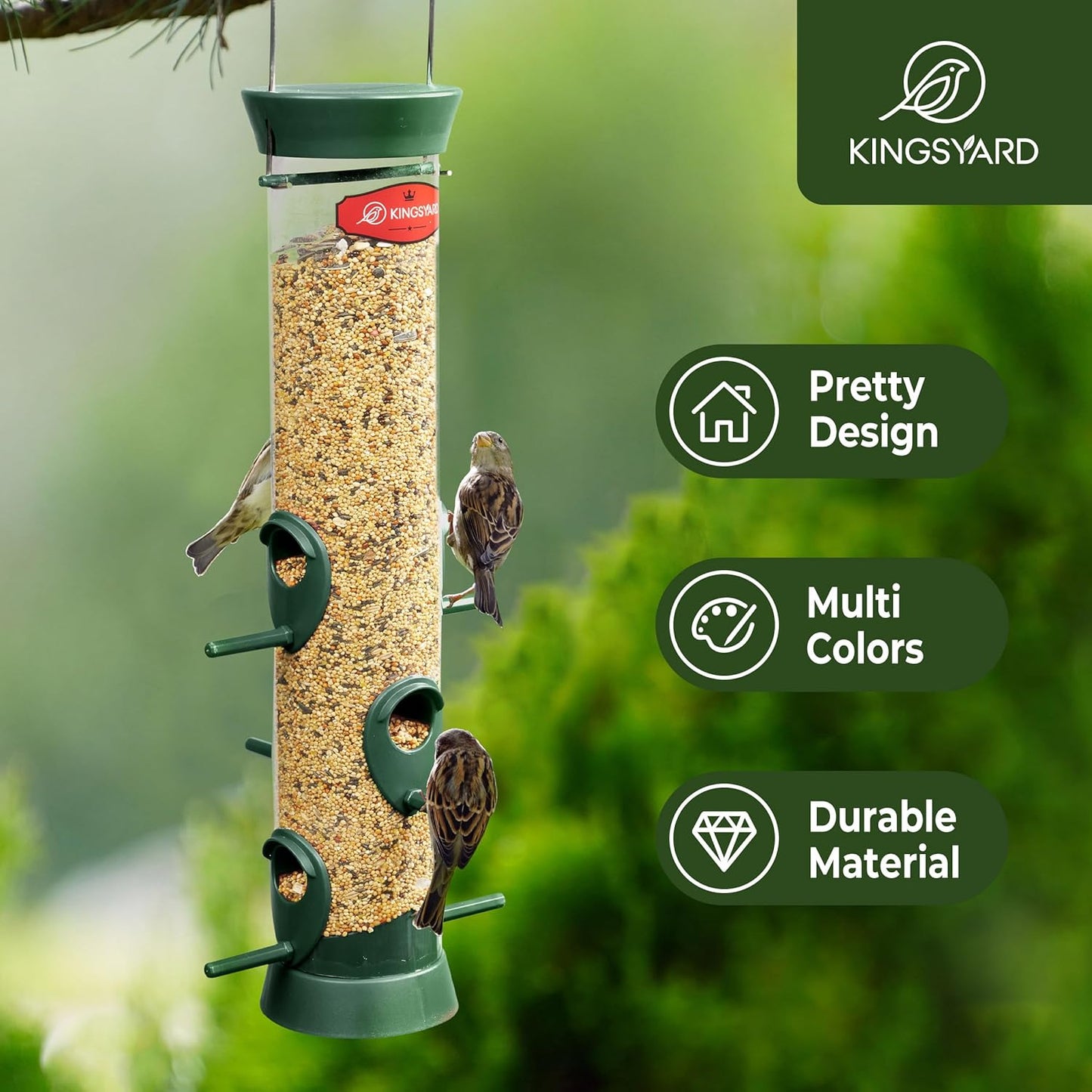 Kingsyard 2 Pack Tube Bird Feeders for Outdoors Hanging, Wild Bird Feeder with 6 Feeding Ports, Easy to Clean & Refill, 2 lbs Seed Capacity, Great for Attracting Finches, Cardinals (Green)