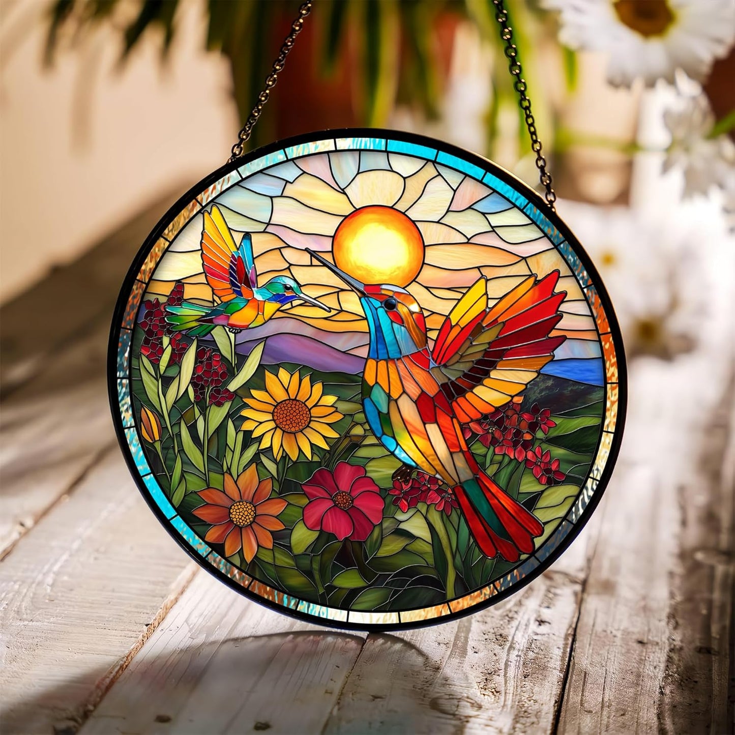 7.8'' Hummingbird Suncatcher Stained Glass Window Hanging Birds Glass Panel with Metal Chain and Hooks Suncatchers Door Home Decor Mother's Day Christmas Gift for Women Mom Nana Bird Lovers