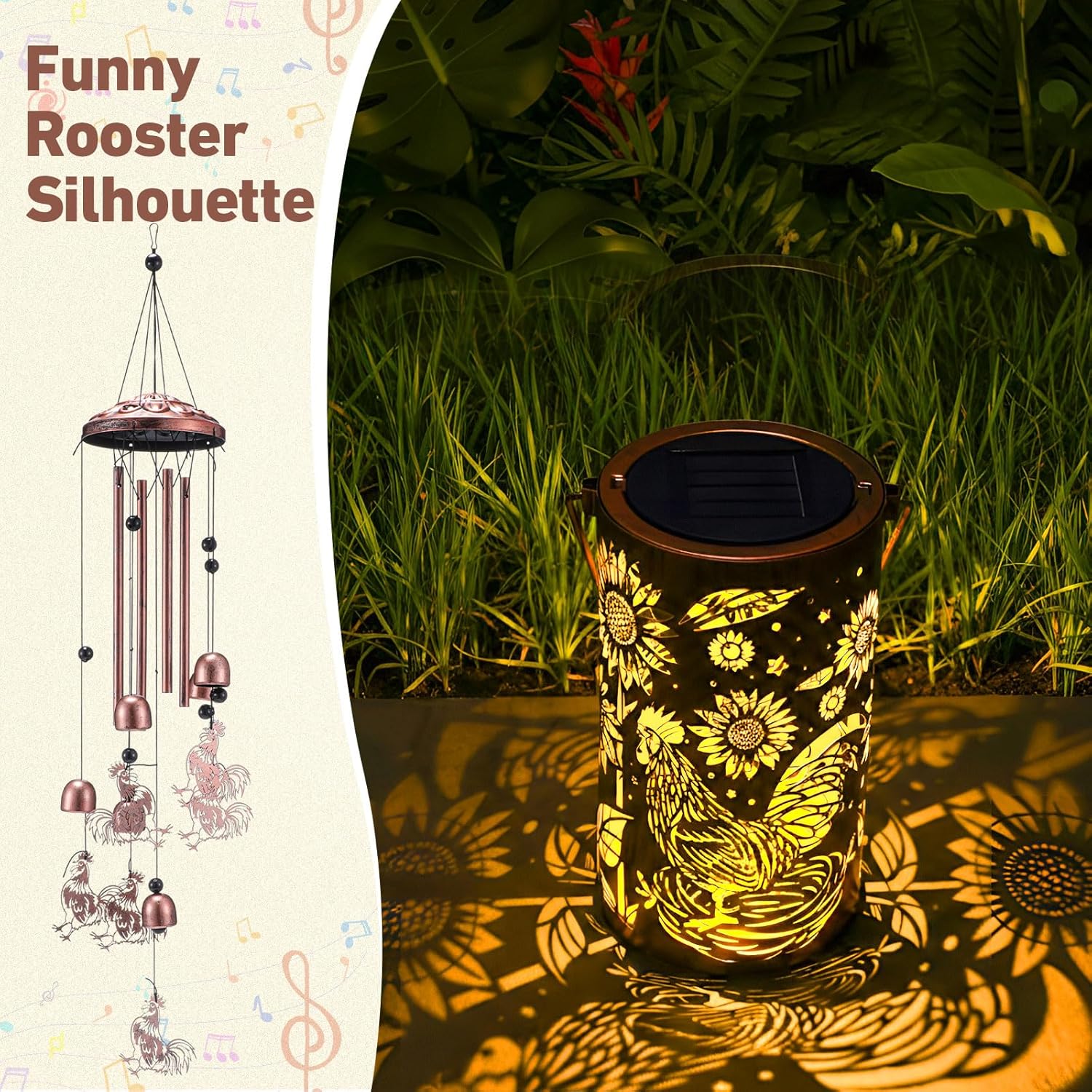 Retisee Rooster Solar Wind Chimes Outdoor Metal Rooster Gifts Solar Li