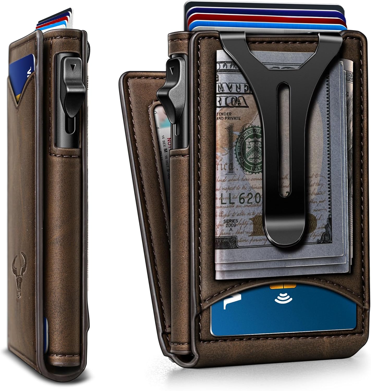 BULLIANT Men Wallet,Magnetic Metal Wallet Money Clip 9Cards Pop-up Acc