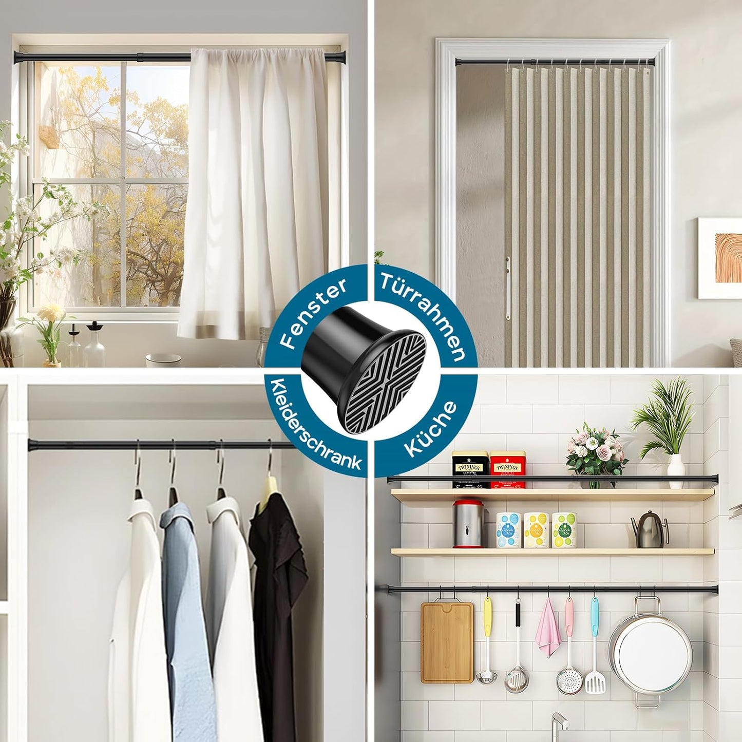 AIZESI Tension Rod 24 to 46 Inch, 1Pcs Black Tension Curtain Rod, Adjustable Spring Tension Rod No Drilling for window，kitchen，closet，doorway