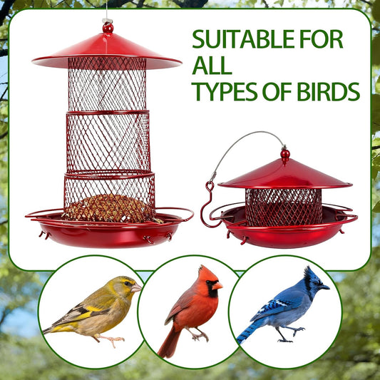 Three-Tier Metal Hanging Bird Feeder Durable and Sturdy, red Finish Large Capacity with Perch Mesh Design Features Drainage Holes (Red)