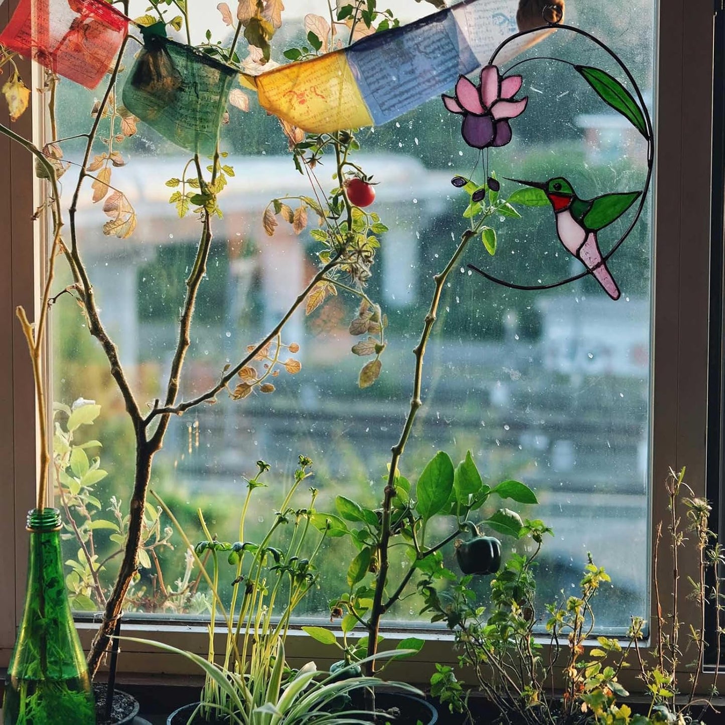 Handcrafted Hummingbird Stained Glass Window Hanging - Suncatcher With Blooming Fuchsia Flower for Window Decor - Gift for Mom and Bird Lovers