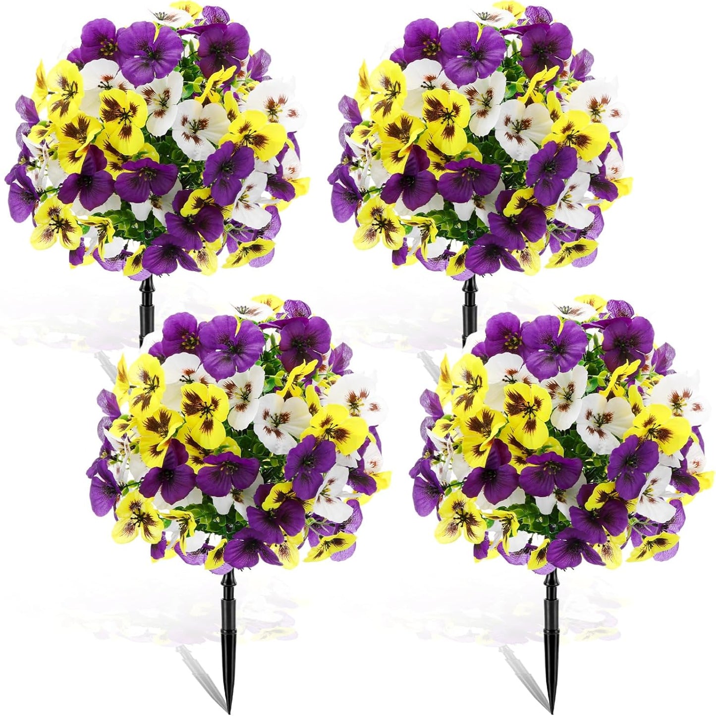 Retrowavy 4 Pcs Artificial Pansy Flowers for Outdoor, Artificial Topiary Boxwood Fake Silk Pansies Bushes for Spring Yard Garden Patio Porch Planters Pots Window Decor (8 x 16.5,Purple,Yellow,White)