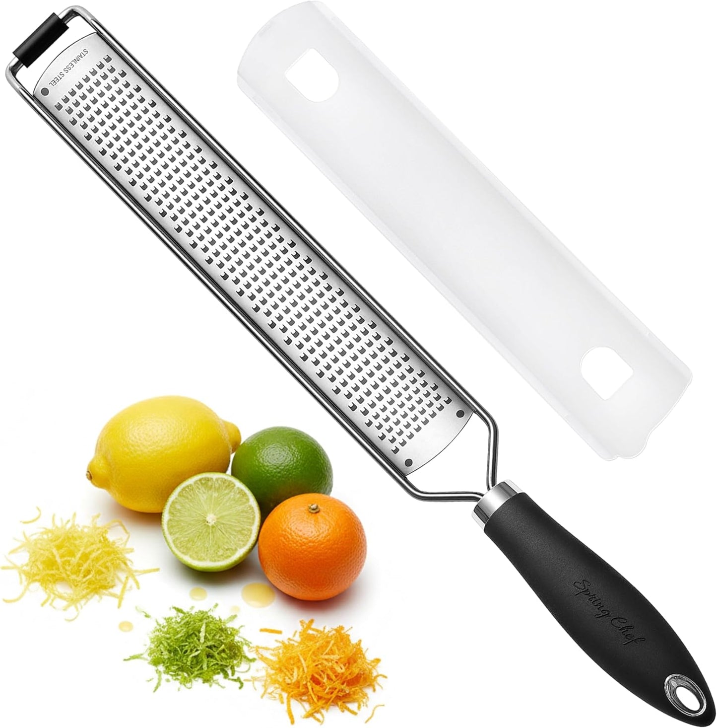 Spring Chef Stainless Steel Lemon Zester Grater with Handle - Garlic, Cheese, Parmesan, Nutmeg, Lime, Ginger Grater - Heavy Duty Kitchen Tool - Citrus Zester with Blade Cover - Fine Shred - Black