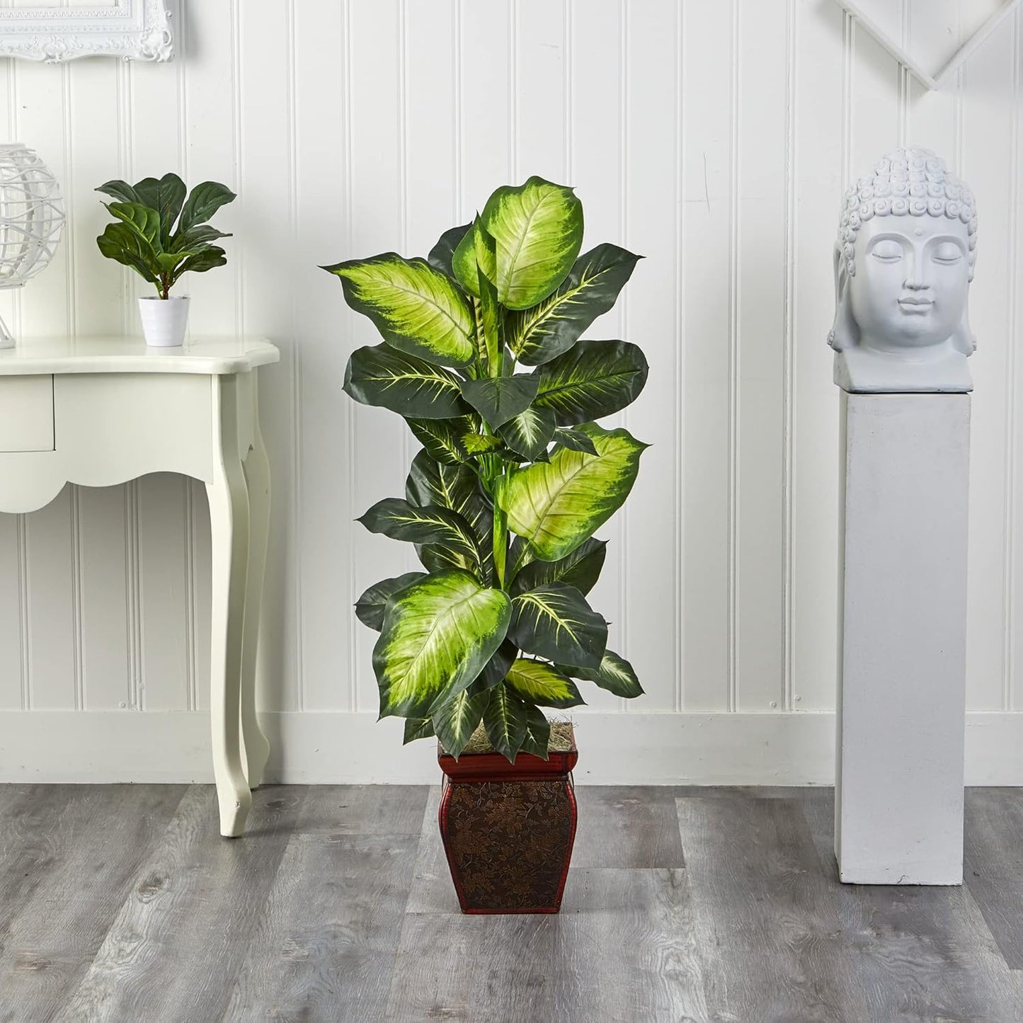 Nearly Natural Artificial Dieffenbachia, Floor Plant Faux Greenery With Decorative Planter For Indoor Home Decor