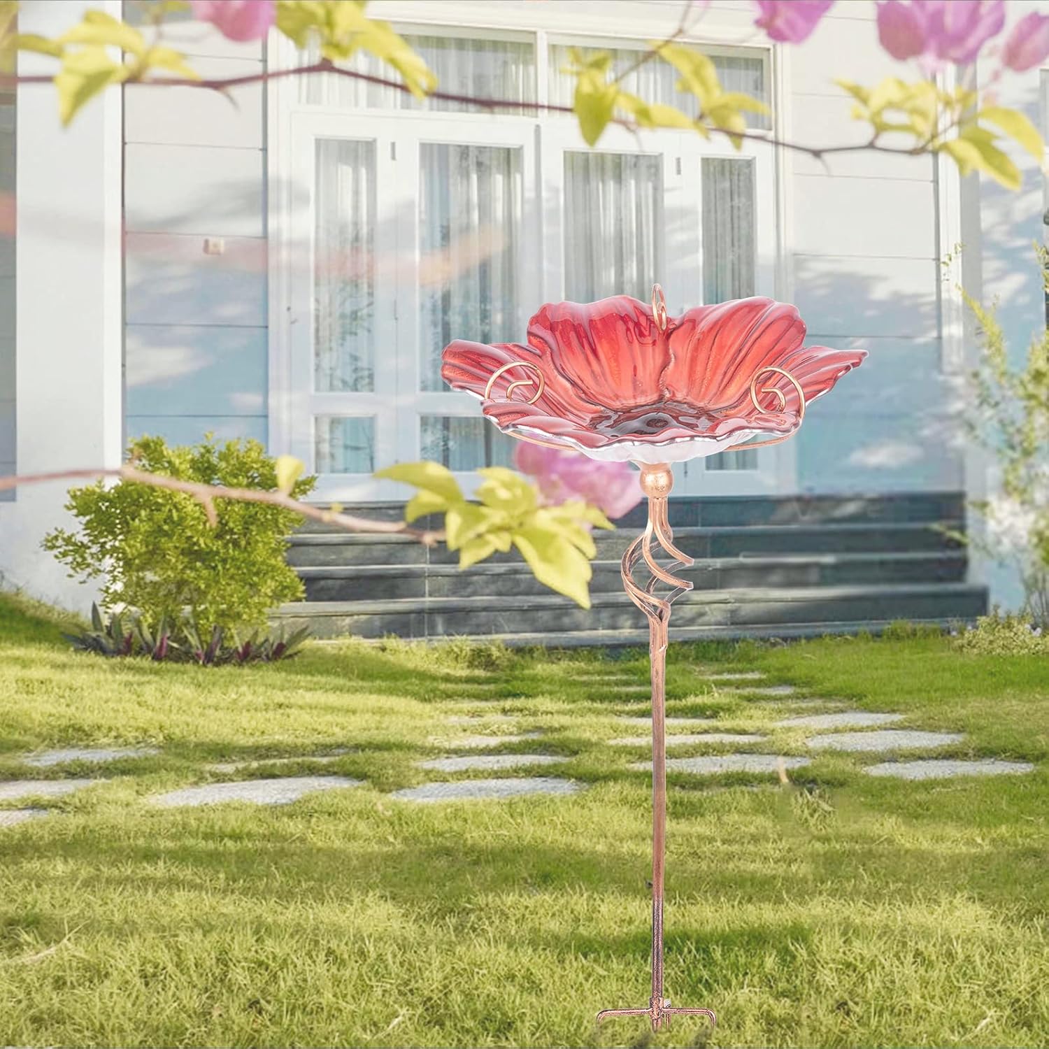 MUMTOP 31 Inch Height Glass Birdbath Birdfeeder with Metal Stake Garde