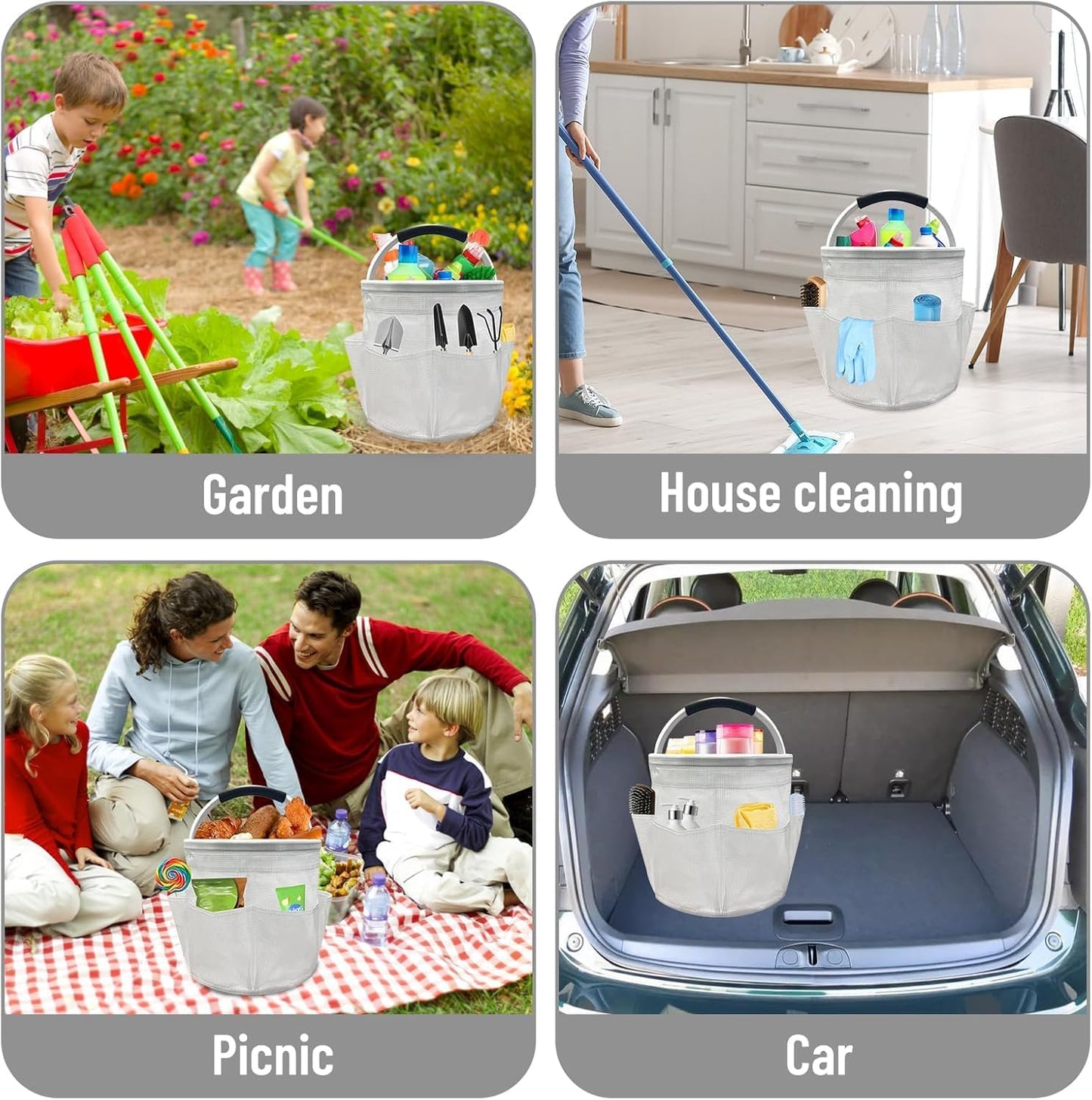 17L Foldable Storage Caddy Basket with Aluminum Handle, 6 Side Pockets, EVA Foam Grip, Multi-Purpose Organizer for Cleaning, Garden, Car, PVC Material