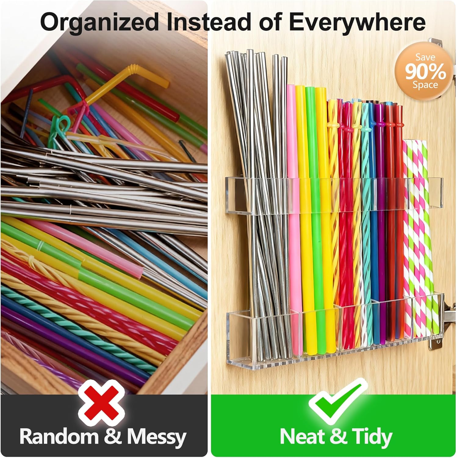 9.5” Large Acrylic Straw Holder for Cabinet Door, Reusable Adjustable 