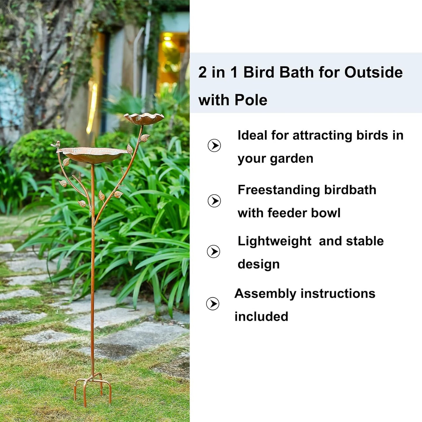 54" H Free Standing Bird Bath with Stake ， Iron Birdbath Bowl & Feeder