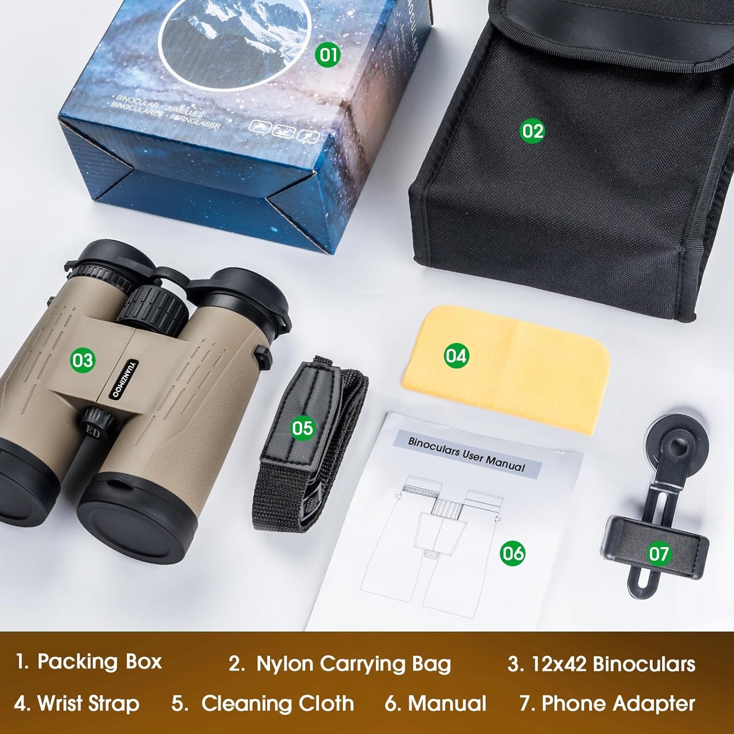 12x42 HD Binoculars for Adults High Powered Binoculars with Upgraded Phone Adapter Waterproof Compact Binocular with Low Light Night Vision for Bird Watching Hunting Outdoor Sports Concerts Mud
