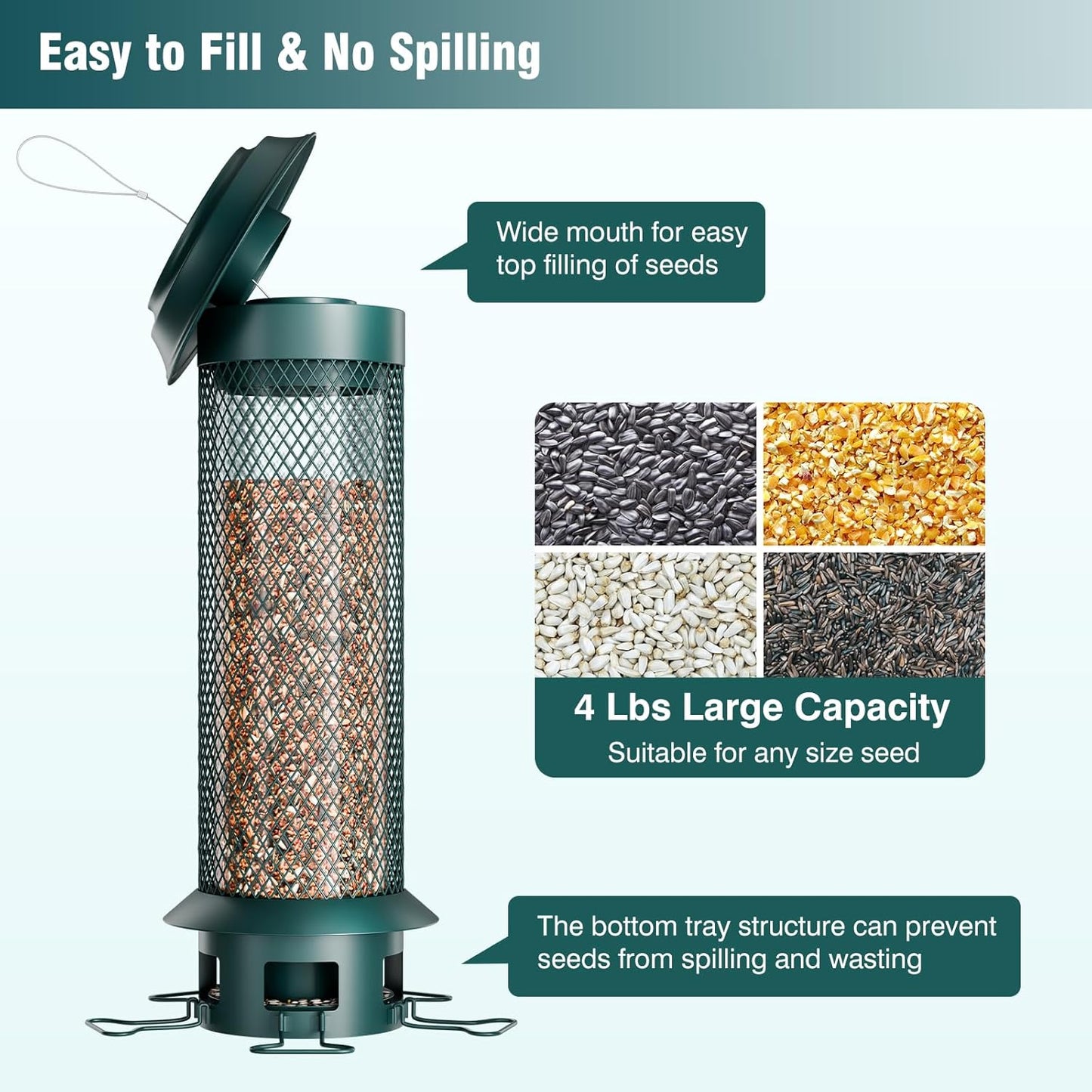 Large Squirrel-Proof Bird Feeder with Removable Tray, Weight-Activated Outer Cage, 5 Perches, 4 lb Capacity, Easy to Fill & Spill-Proof, Tube Bird Feeder for Outdoor Cardinals, Finches