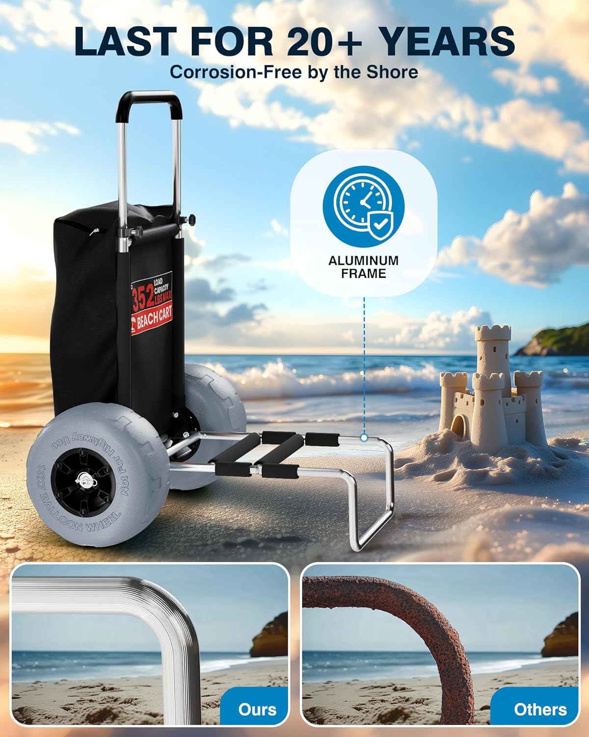 PYY Beach Cart for Sand - Foldable Aluminum Wagon Dolly Buggy with Big Balloon Wheels for Outdoor Camping Shopping Fishing with 352 Lbs Capacity, 13" Large Rolling Tires, Collapsible Storage Bag