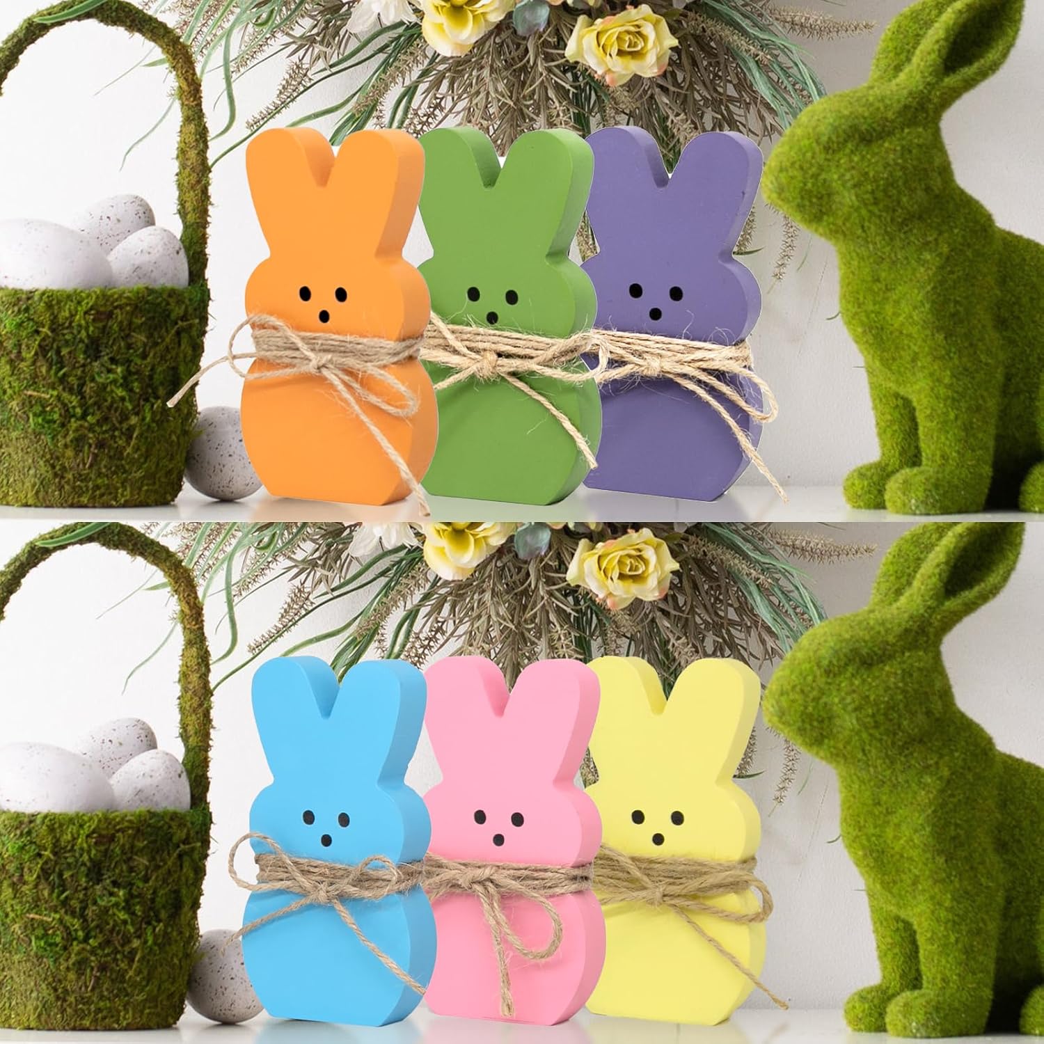 DAZONGE Easter Decorations - 6PCS Wooden Bunny Peeps Signs for Mantel 