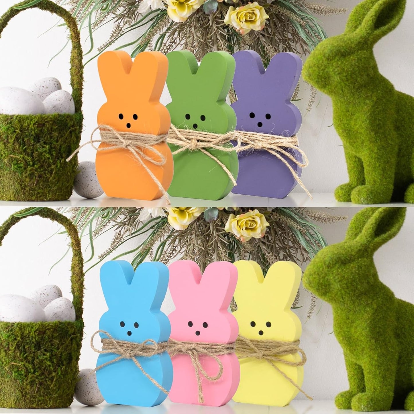 DAZONGE Easter Decorations - 6PCS Wooden Bunny Peeps Signs for Mantel Table Shelf Tiered Tray Decor - Easter/Spring Decorations for Home