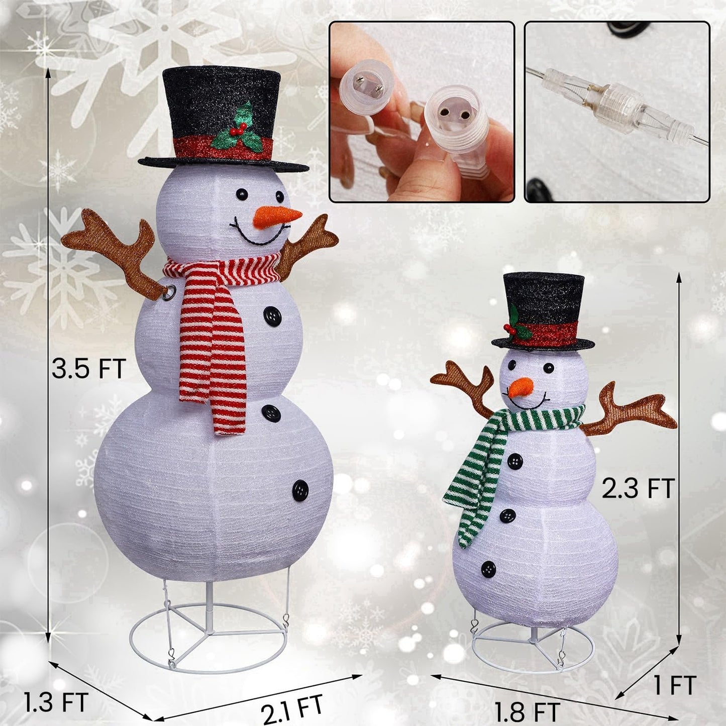 Juegoal Set of 2 Lighted Christmas Snowman Decorations, 3.5+2.3FT Outdoor Collapsible White Snowmen with LED Lights, Pre-Lit Pop Up Xmas Yard Display, Plug in for Holiday New Year Winter Lawn Garden