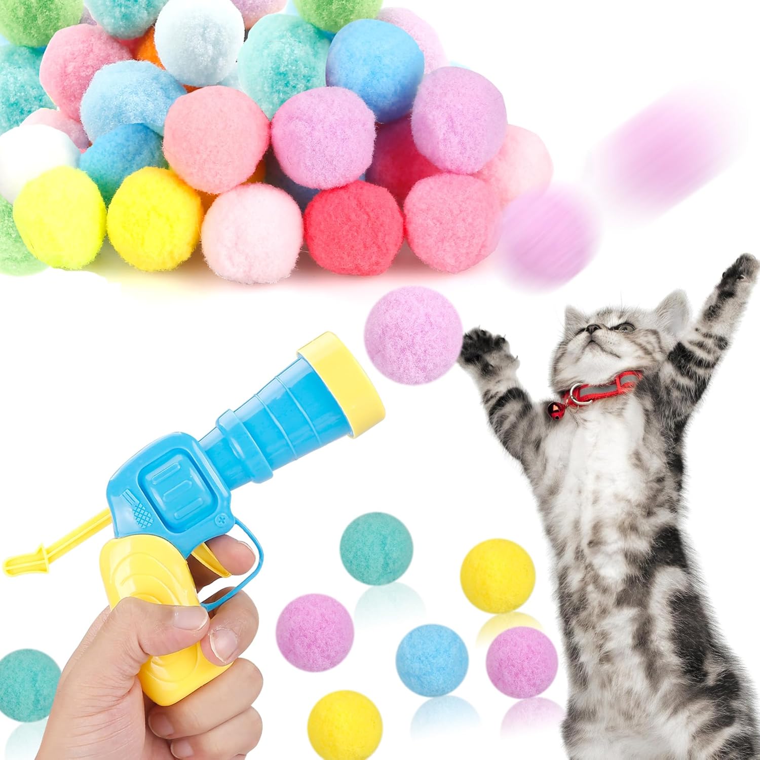 31Pcs Cat Ball Toy Launcher Gun,Cat Balls Fetch Toy,30Pcs Plush Fuzzy 