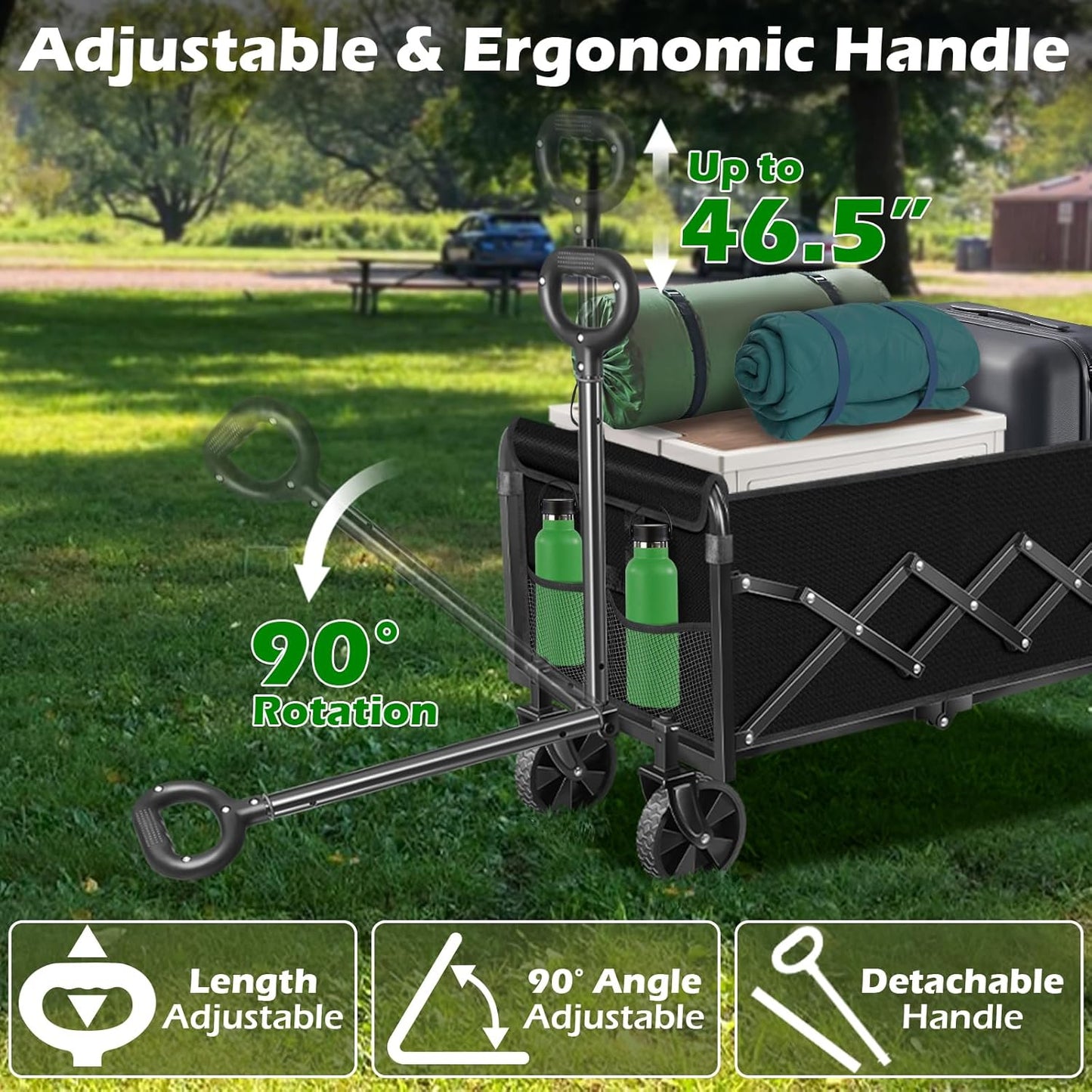 Collapsible Wagons Carts Foldable Wagon, Foldable Wagon Cart with Wheels, Folding Wagons for Beach Camp Sports Garden, 2 Cup Holders/Lightweight Portable/Black/360 LBS