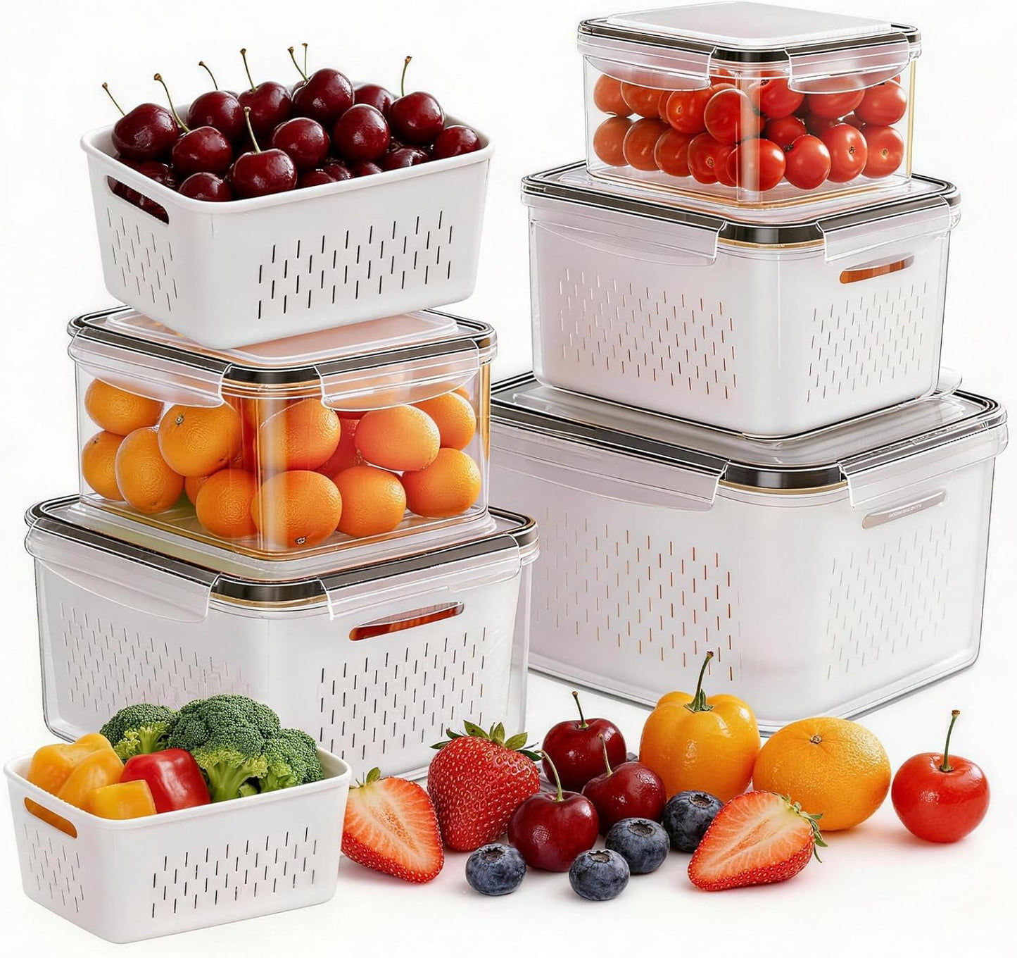 5 Pack Fruit Storage Containers for Fridge, Plastic Fruit Containers for Fridge with Removable Colanders, Leakproof Fridge Organizers and Storage for Berry Vegetable Salad Lettuce Meat Food