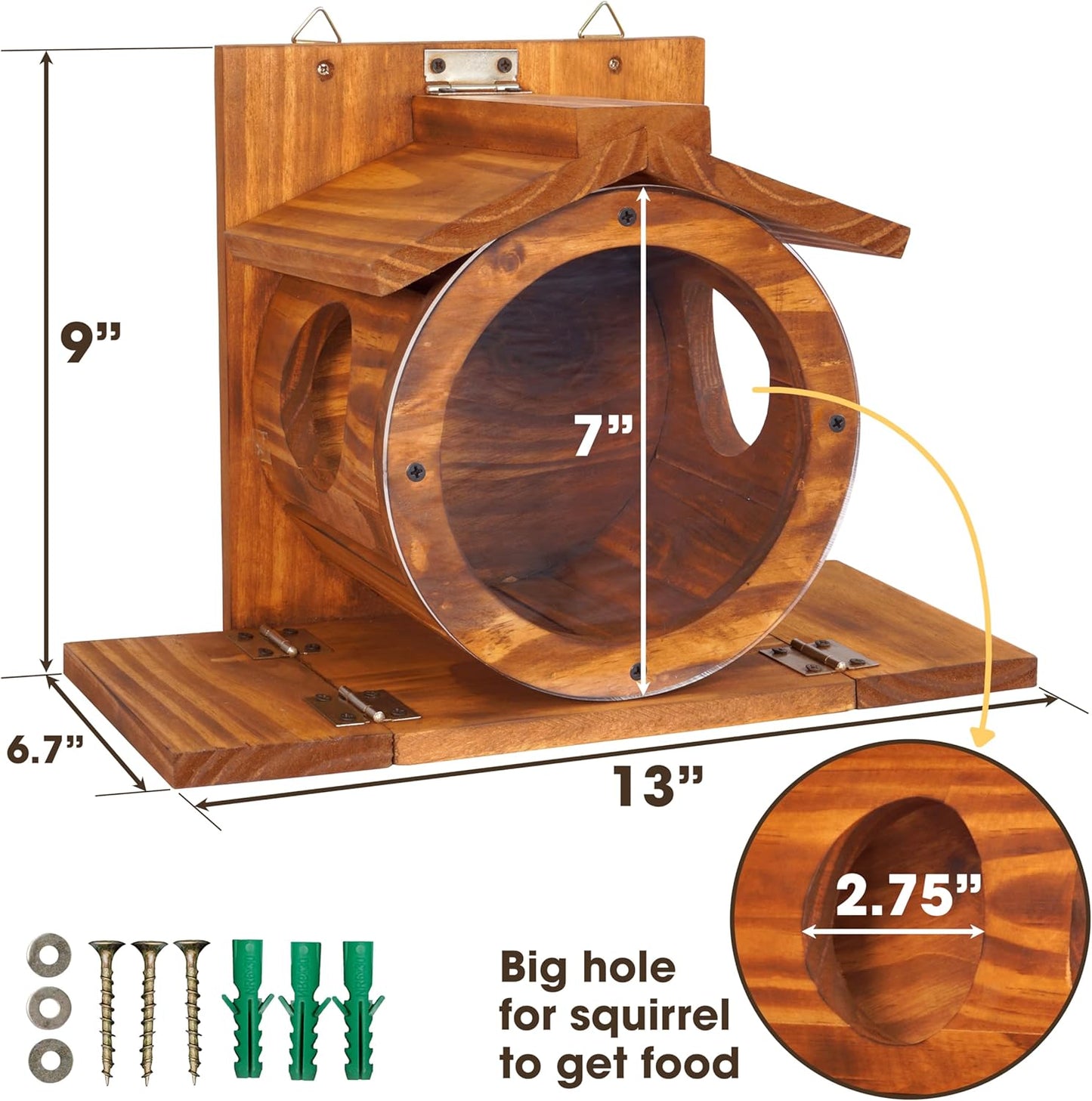 MIXUMON Wood Squirrel Feeder, Squirrel Feeders for Outside Winter, Wooden Chipmunk Feeder for Corn, Peanuts, Durable Box Easy to Fill with The Roof Can Be Opened