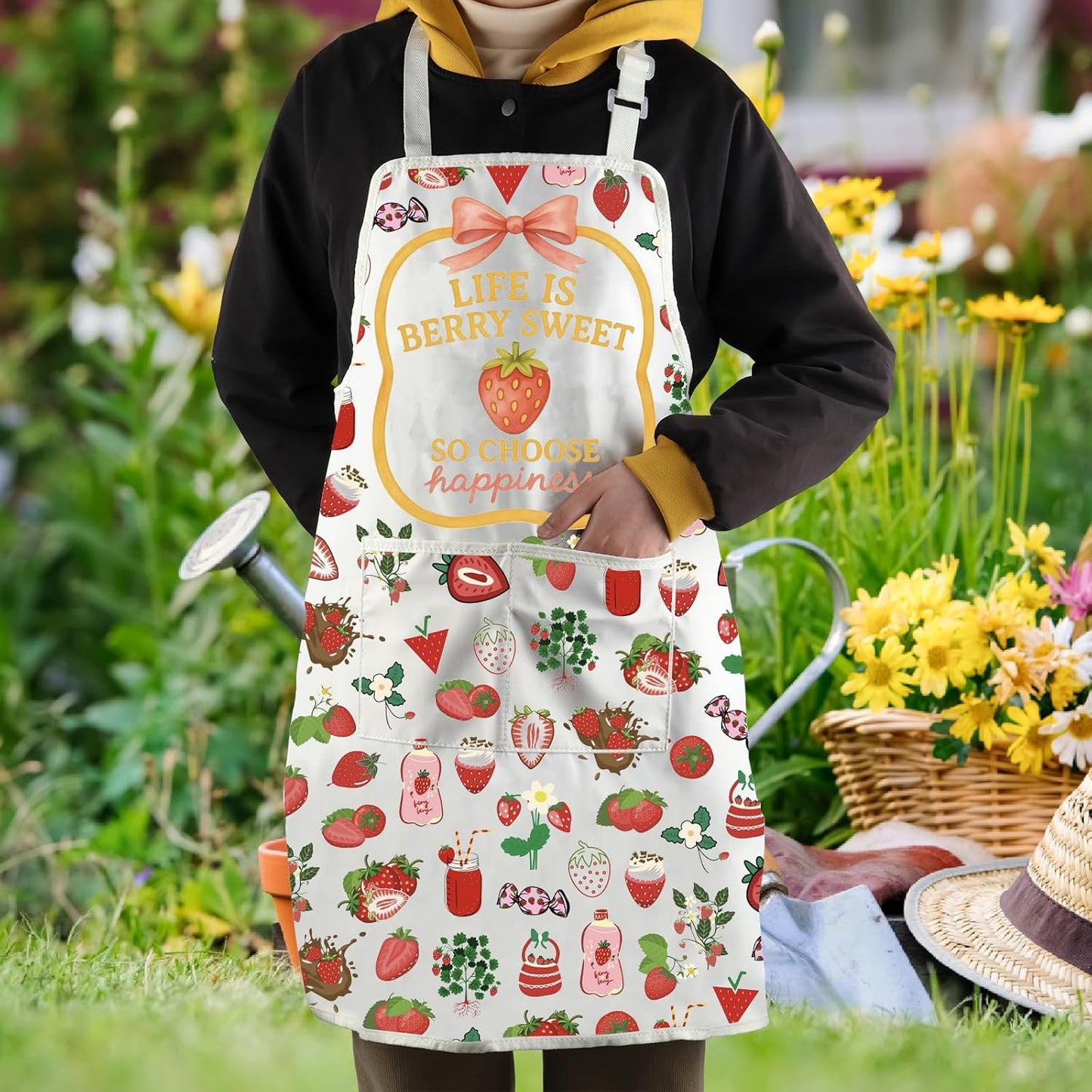 WCGXKO Life Is Berry Sweet So Choose Happiness Strawberry Summer Kitchen Apron Fruit Positive Gift Mental Health Matters Gift