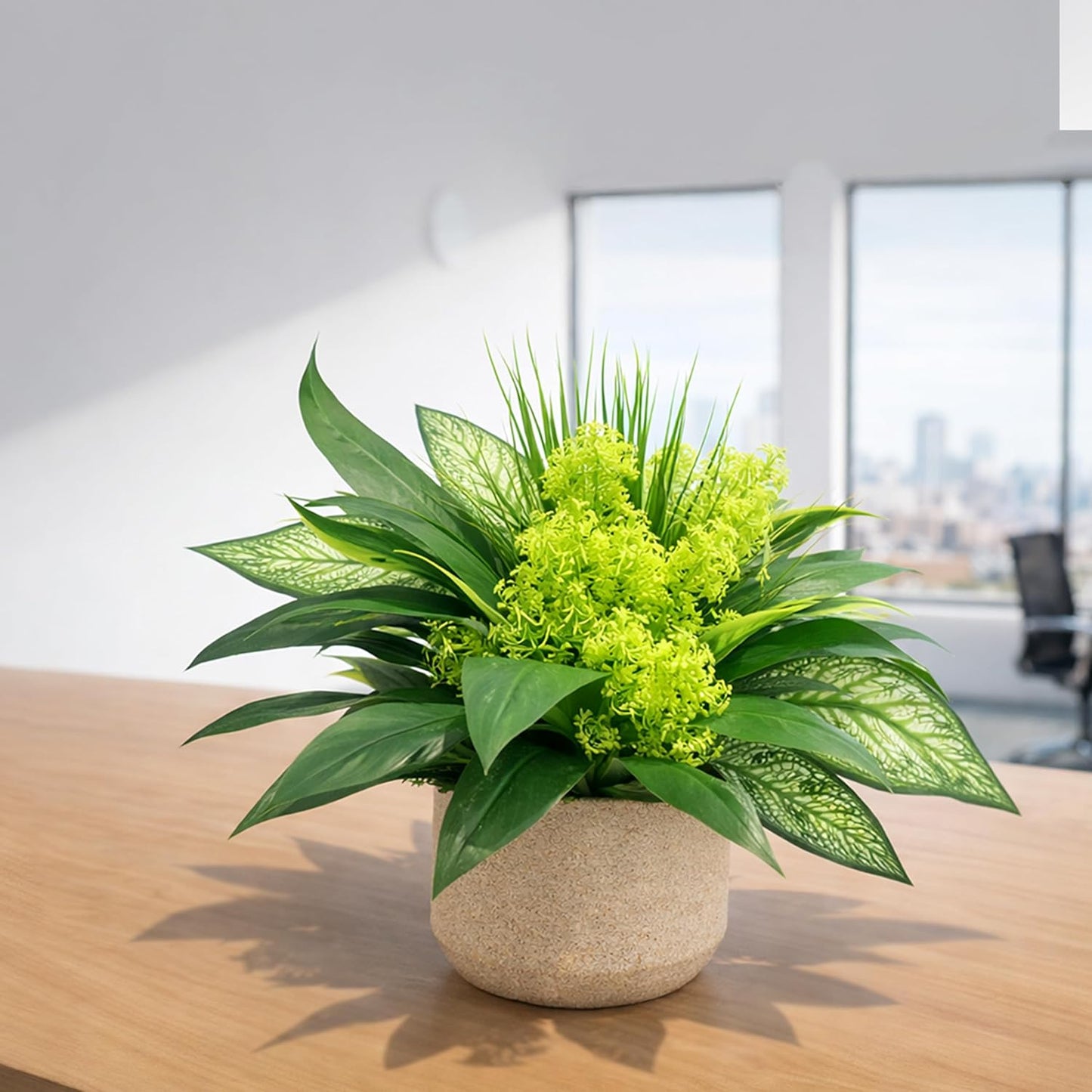 Artificial Plants, Green Foliage Arrangement with Planter Pot, UV Resistant Plastic, 15x11x4 Inches, Outdoor Patio Decoration